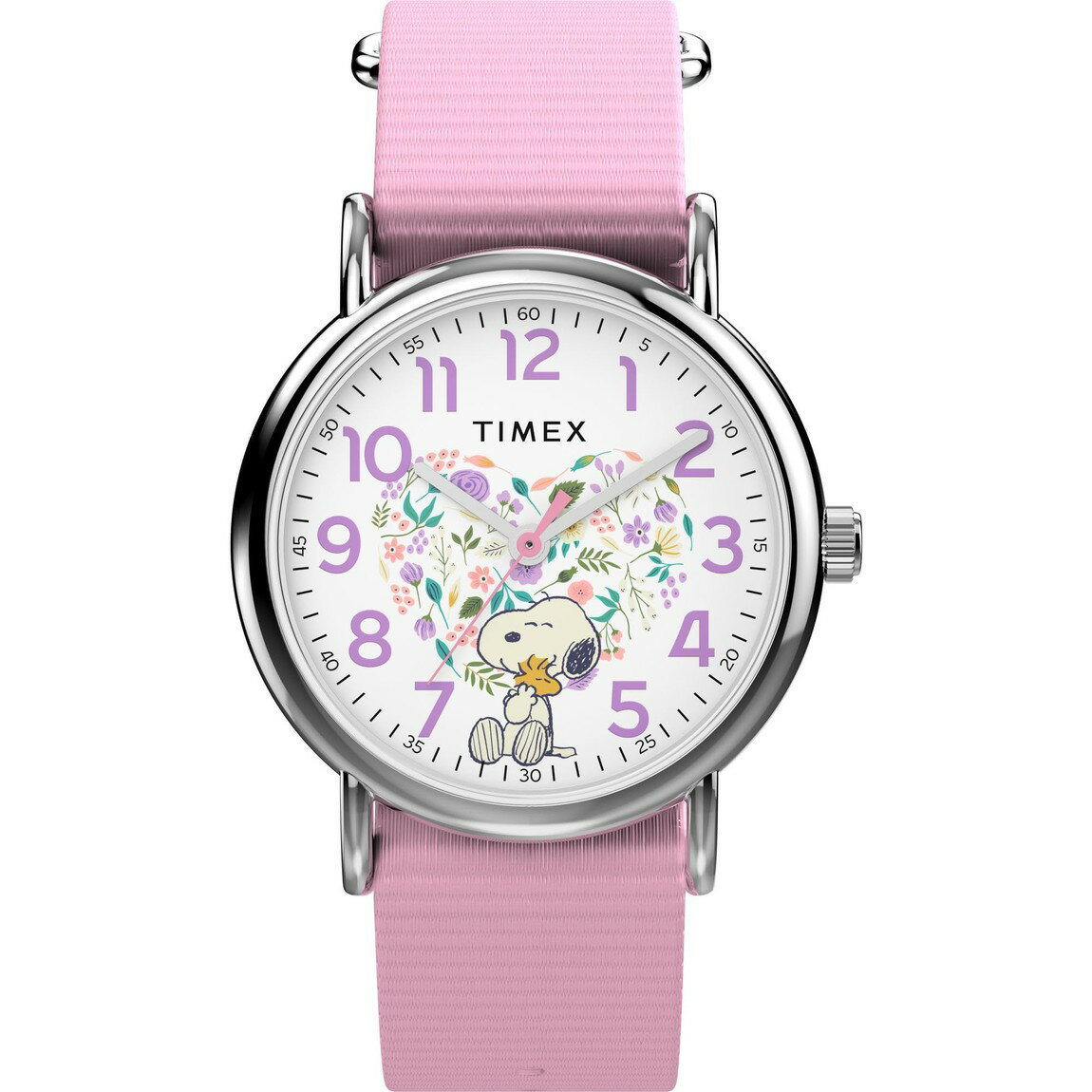 タイメックス Weekender x Peanuts Bloom レディース ホワイト文字盤 ピンク ナイロンバンド 31mm