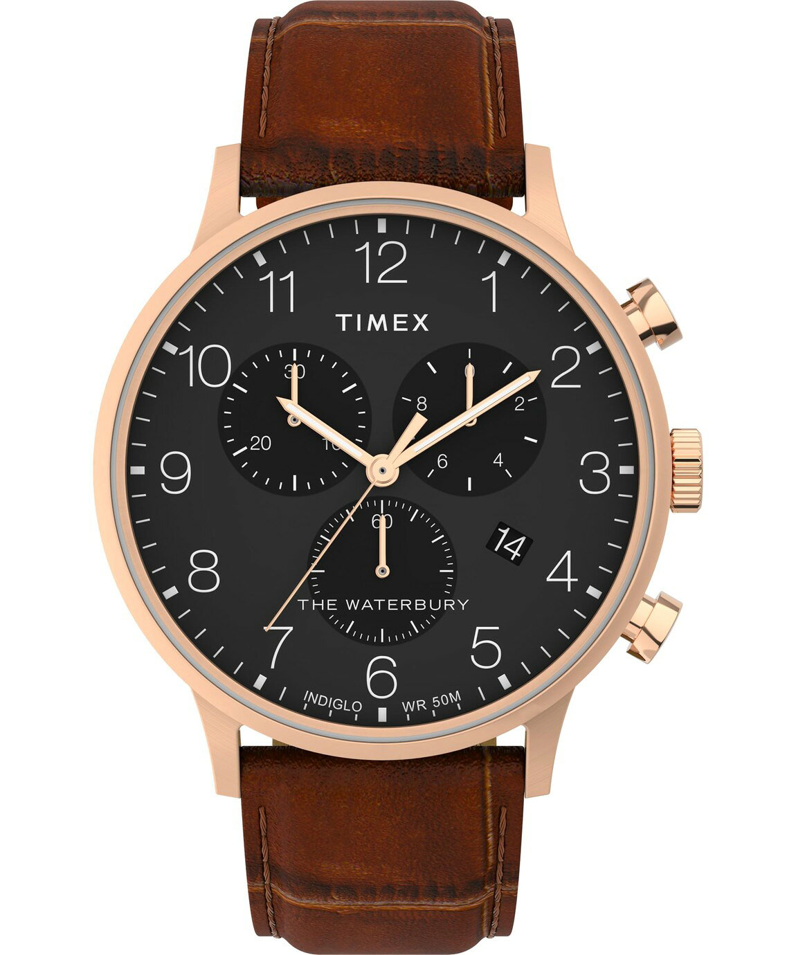 タイメックス Waterbury Classic メンズ ブラック文字盤 ブラウンレザー ローズゴールドケース 40mm