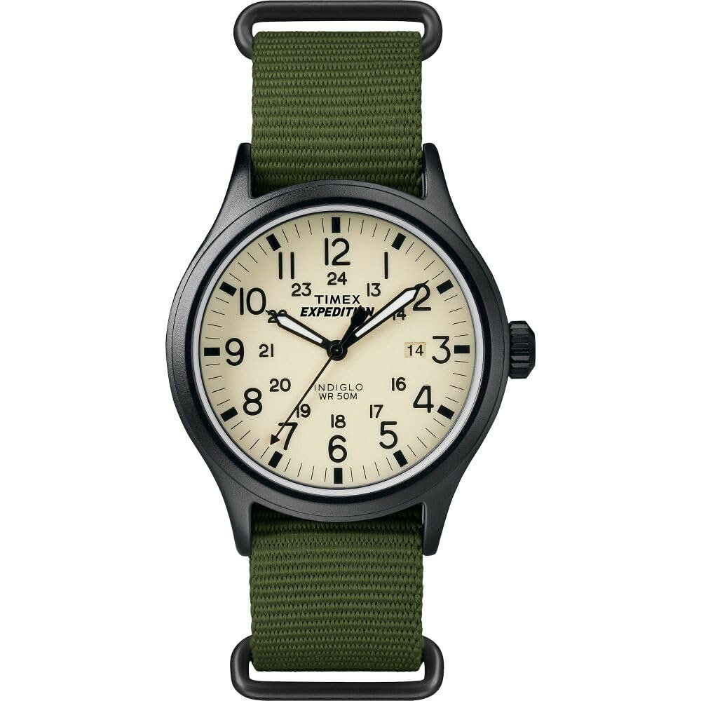 タイメックス Expedition Scout メンズ 40mm ブラックケース クリーム文字盤 グリーン ファブリックストラップ クォーツ 腕時計