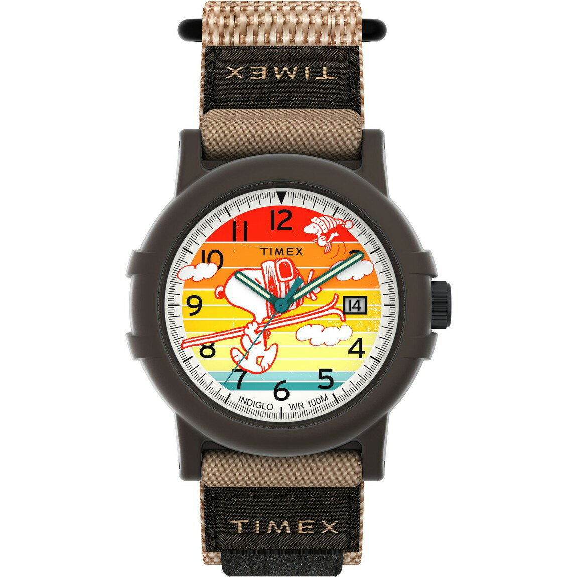 タイメックス Peanuts Camper メンズ スヌーピー 赤文字盤 ブラックケース ブラウン ファブリックストラップ 日付表示 38mm