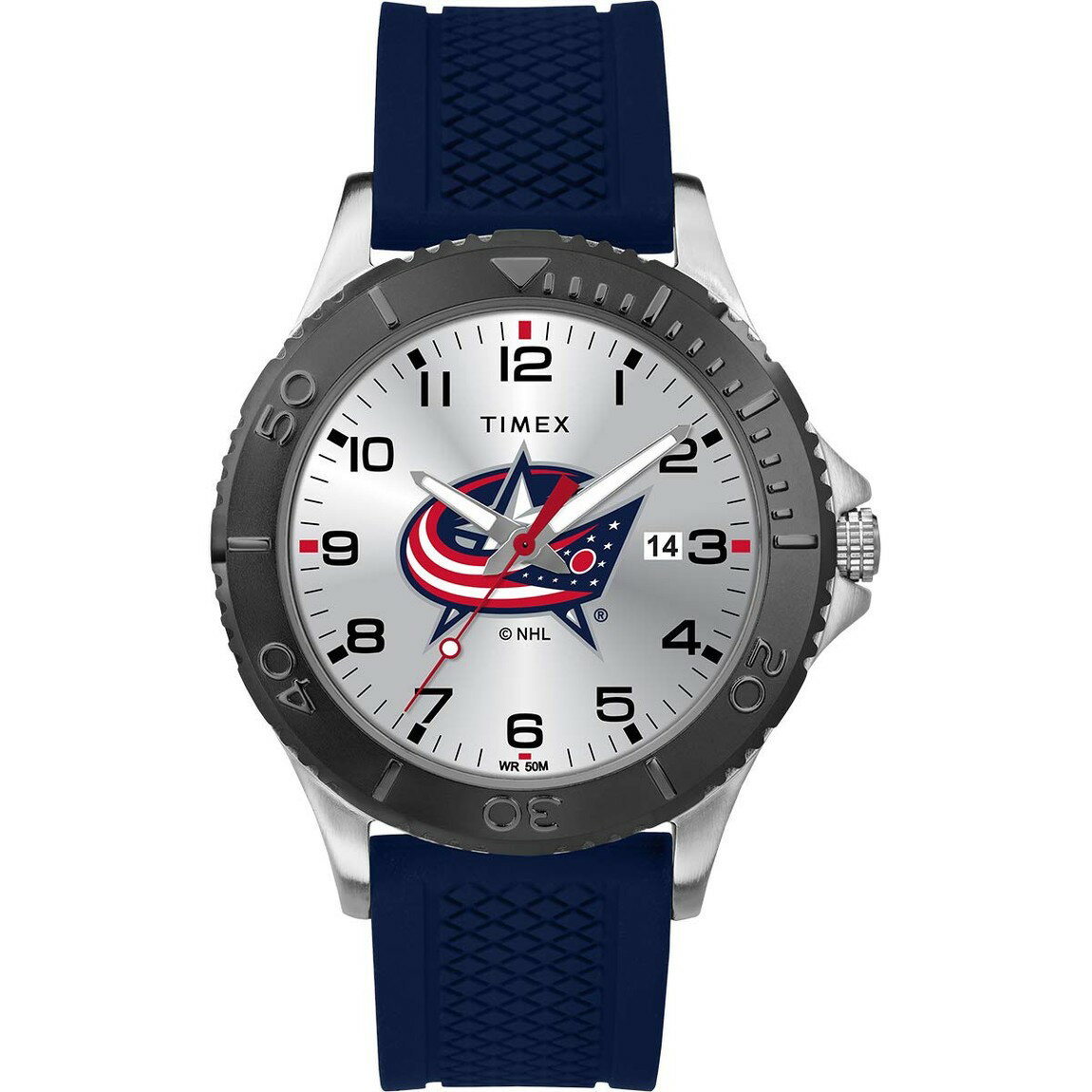 PRODUCT DETAILS タイメックス NHL Gamer コロンバス・ブルージャケッツ メンズ 腕時計 シルバー文字盤 ブルー シリコンバンド 42mm【商品仕様】・ ムーブメント：クォーツ・ ケース径：42mm・ ケース素材：真鍮・ 文字盤色：シルバー・ バンド素材：シリコン・ バンド幅：20mm・ バンド色：ブルー・ 防水性能：50m防水（5気圧）・ 機能：日付表示、蓄光針、ミネラルガラス風防【特徴】・ NHLチーム「コロンバス・ブルージャケッツ」のチームロゴを文字盤に配置した公式ライセンスウォッチです。・ シルバーの文字盤に視認性の高いフルアラビア数字のインデックスと蓄光針を採用しています。・ 耐久性のある42mm径のケースに、スポーティーなブラックカラーのトップリングを組み合わせています。・ 柔らかく手首にフィットするブルーのシリコン製ストラップは、最大約20cm（8インチ）の腕周りに対応します。・ 3時位置には、素早い日付設定が可能なクイックデイト機能を備えたカレンダー窓を配置しています。 ■ 商品について 海外輸入品（説明書は英語表記の場合あり） ■ ご注意 ・掲載画像は実物に近い色味になるよう調整しておりますが、ご利用の環境により差異が生じる場合があります。・複数店舗で在庫を共有しているため、ご注文後に在庫切れとなる場合がございます。 ■ 納期について お届けの目安を必ずご確認ください。 海外正規ルート仕入れ品 海外ブランド ▼ 海外正規ブランド店 正規代理店 ▼ 当 店 ※本商品は並行輸入品です 製造元は正規品と同一のブランド・メーカーです。当店では海外正規ルートより仕入れた商品を取り扱っております。流通ルートが異なるのみで、商品自体に違いはございません。 ── 当店の商品について ── 正規品のみ取り扱い 海外正規店・正規代理店から商品を直接仕入れ、国内に輸入して販売しております。 日本未入荷・海外限定モデルも多数 日本未入荷・海外限定モデルも多数取り扱っております。サイズ・カラー違いや海外限定で販売された製品など、日本では手に入りにくいアイテムをお届けいたします。 お求めやすい価格の理由 海外市場での価格差や流通ルートの違いにより、国内販売価格よりお求めやすくなっております。品質はそのままに、よりお手頃な価格でお届けいたします。 安心保証 ご使用前に万が一、製品に不具合がございました場合は、交換または商品代金のご返金にて対応させていただきます。商品到着後5日以内にご連絡ください。 ご注意 海外からの輸入品となります。海外輸送のため、外箱に軽微なスレ等がある場合がございますが、商品本体には影響ございません。 ※在庫状況は仕入先の在庫情報をもとに出来る限り正確に表示しておりますが、取寄せ商品のため、タイミングによりご注文後に欠品・キャンセルとなる場合がございます。 お探しの商品がございましたら、お気軽にご相談ください。