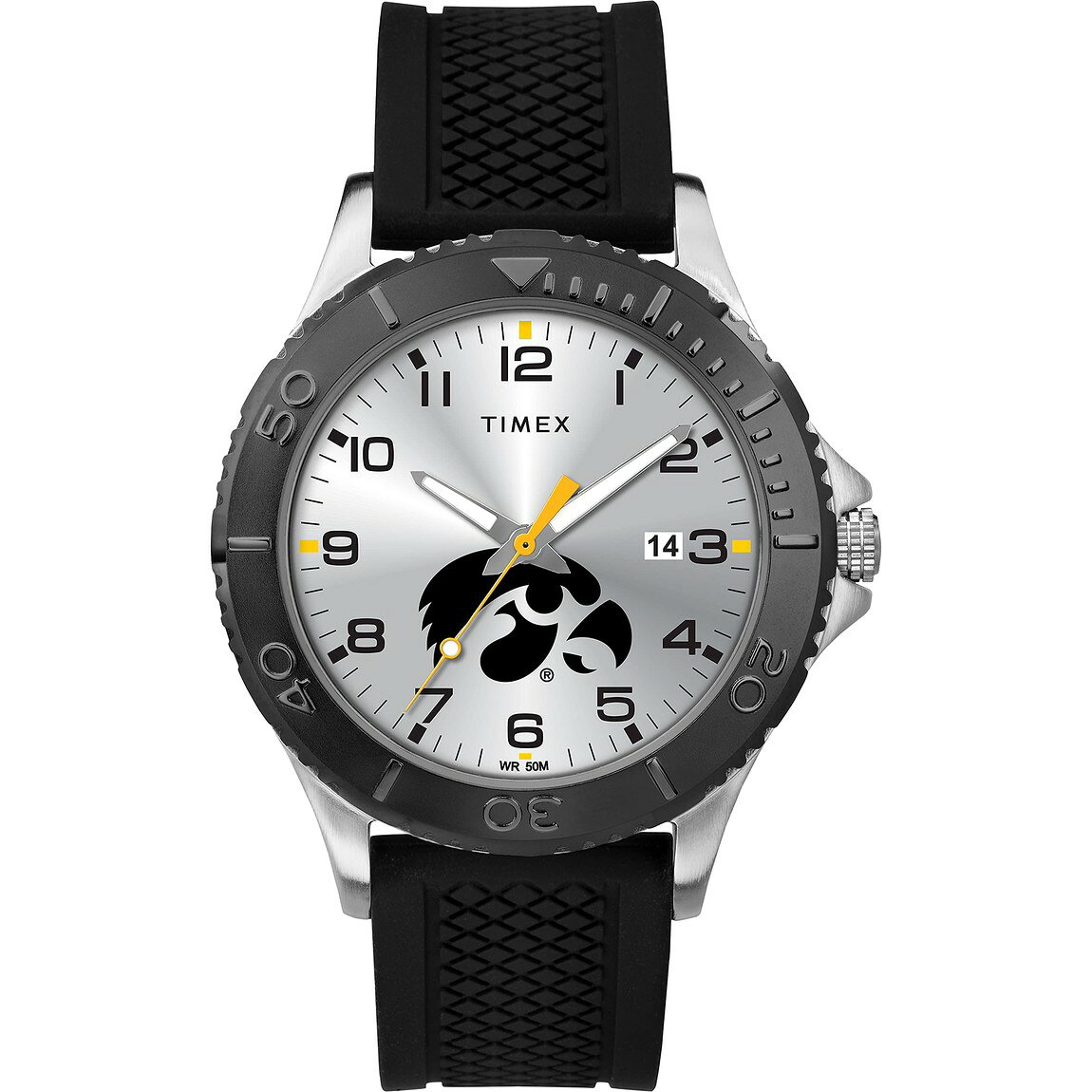 タイメックス Tribute Collegiate Gamer メンズ Iowa Hawkeyes 42mm シルバー文字盤 ブラックシリコンストラップ