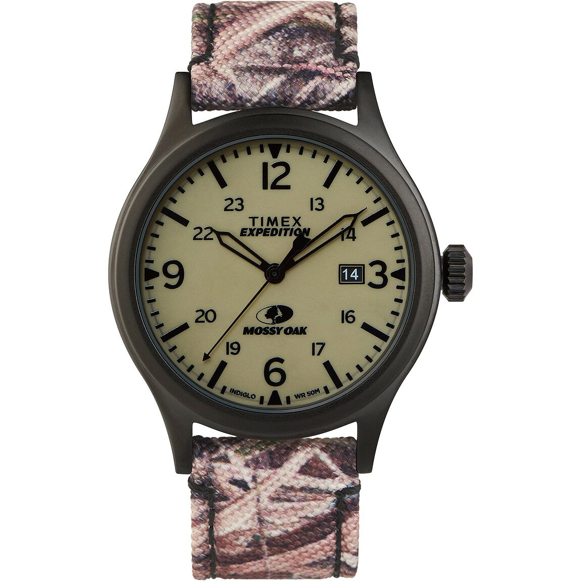 タイメックス Expedition Scout x Mossy Oak メンズ 40mm ライトグリーン文字盤 ナイロン/レザーバンド カモフラージュ