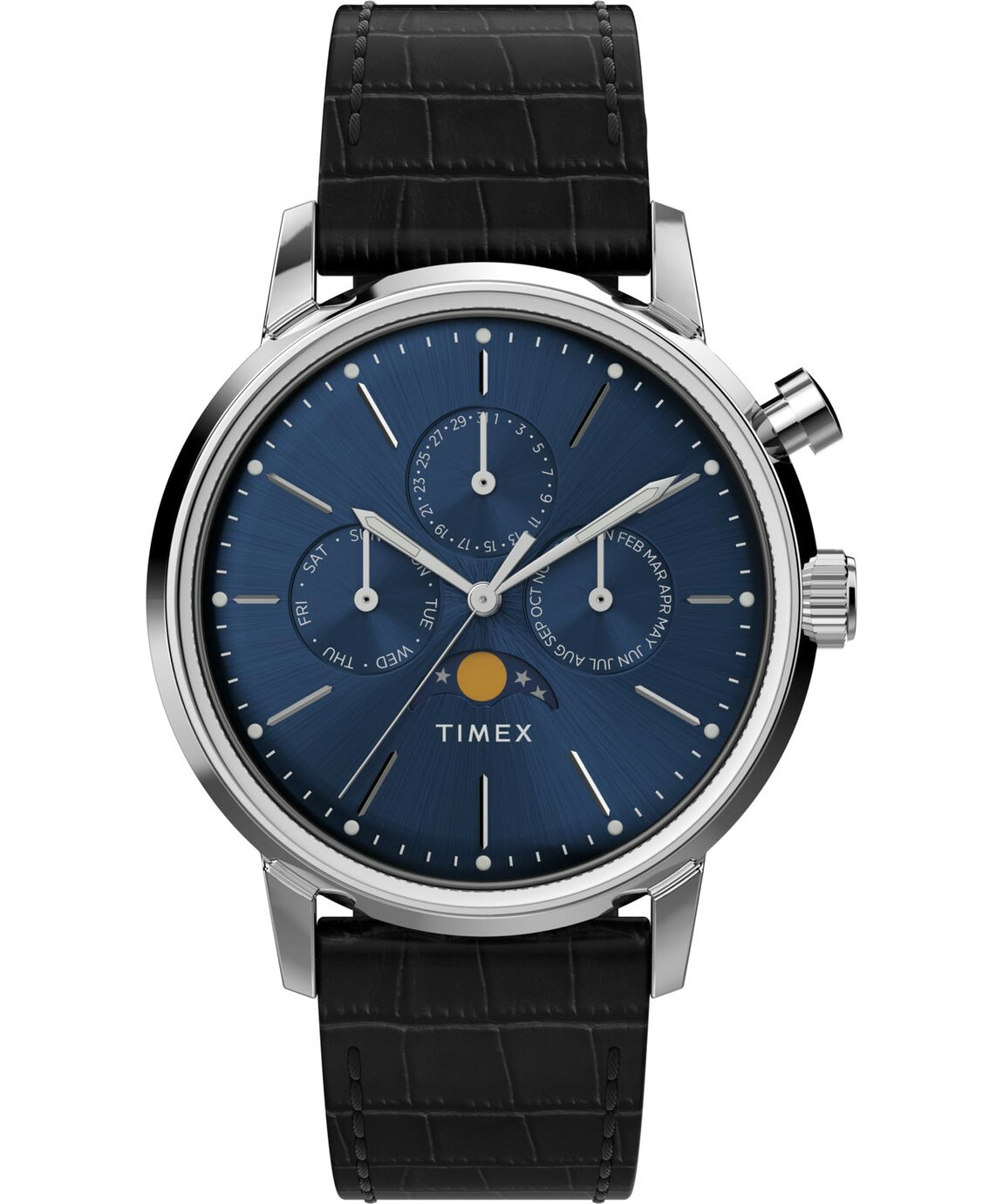 タイメックス Marlin Moon Phase メンズ 腕時計 40mm ブルー文字盤 ブラック レザーベルト ムーンフェイズ カレンダー ステンレス