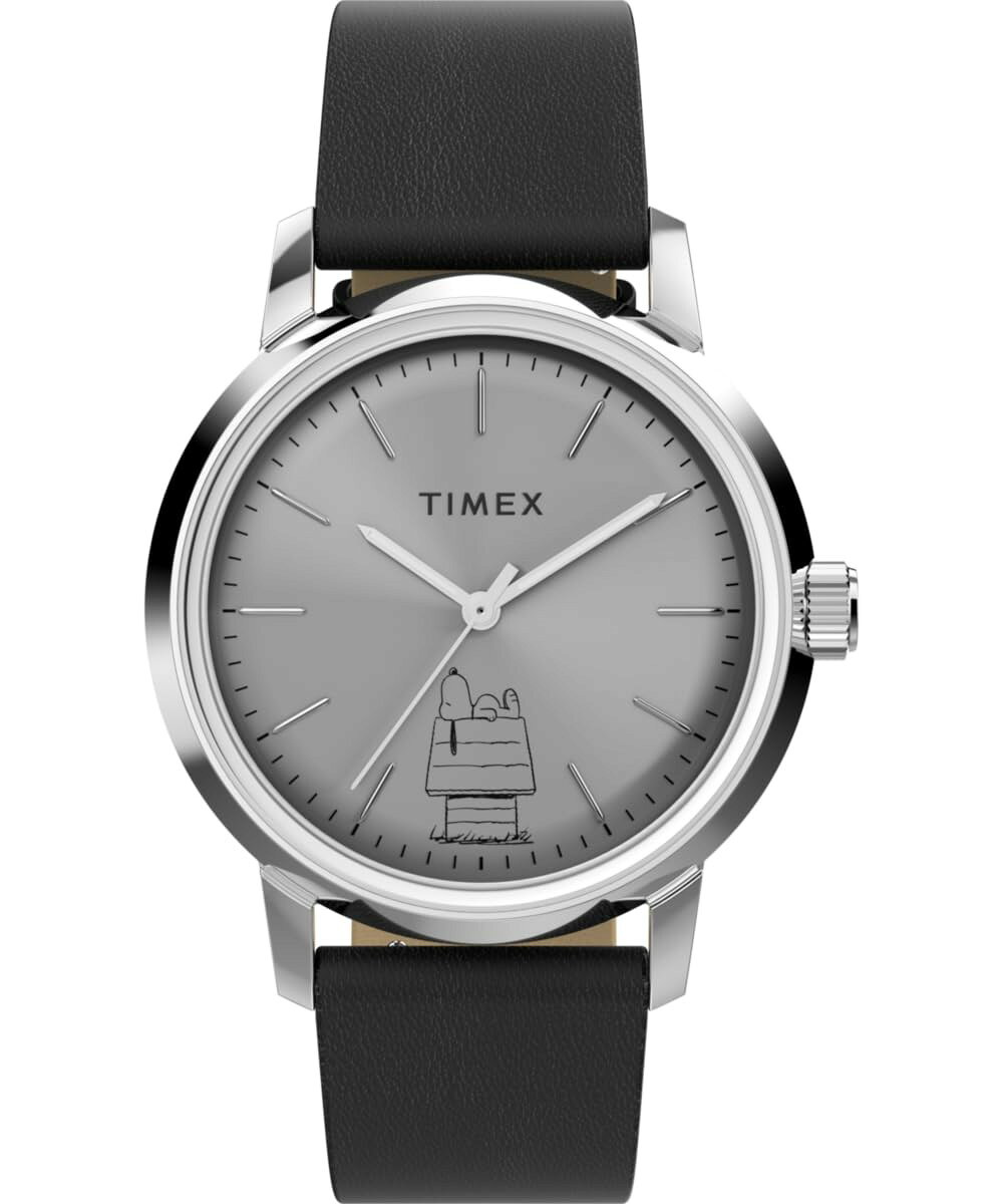 タイメックス Peanuts Marlin メンズ 自動巻き シルバー文字盤 ブラックレザー 40mm