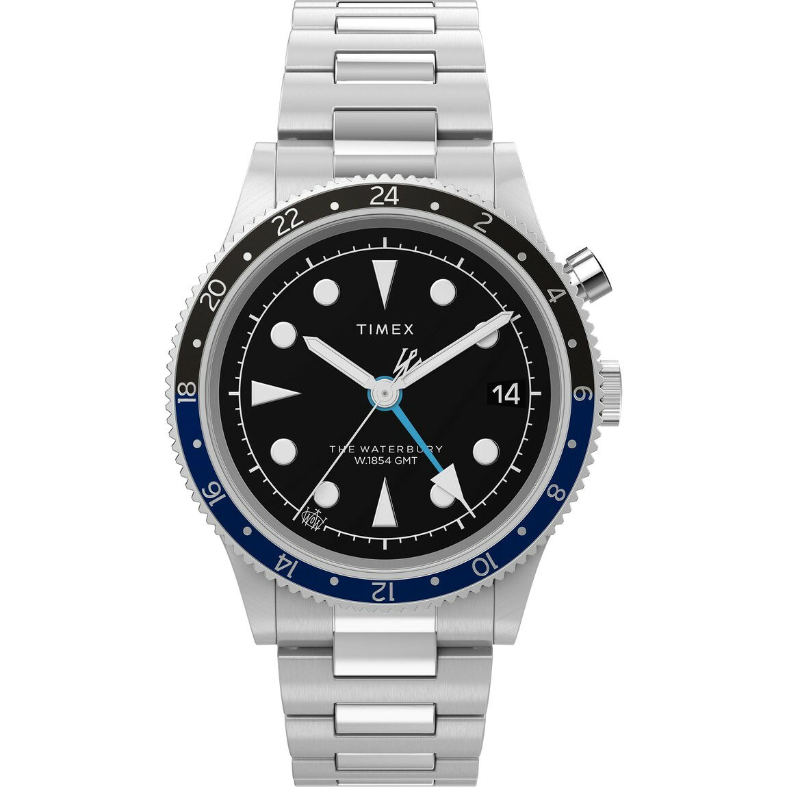 タイメックス Waterbury Traditional GMT メンズ 39mm ブラック文字盤 ステンレススチールブレスレット 回転ベゼル