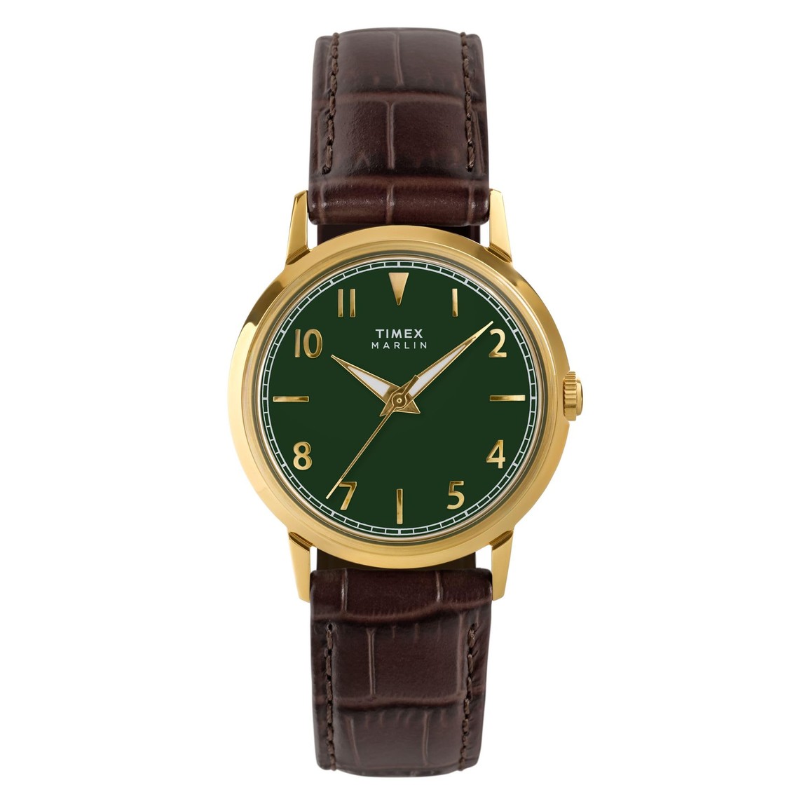 タイメックス Marlin Quartz メンズ レディース グリーン文字盤 ゴールドケース ブラウン レザー 34mm