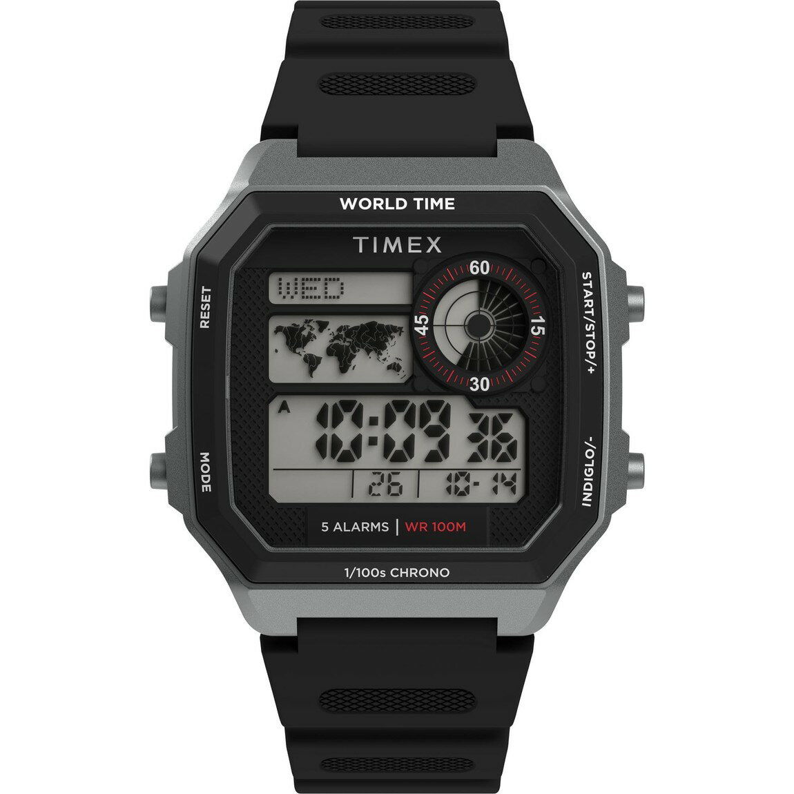 タイメックス World Time Digital メンズ ワールドタイム 10気圧防水 シルバーケース ブラック樹脂バンド 40mm