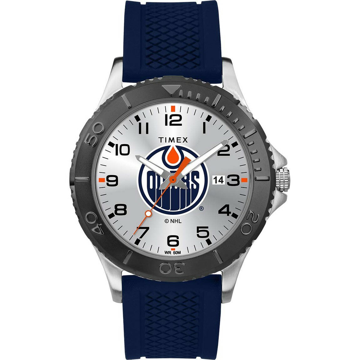 タイメックス NHL Gamer Edmonton Oilers メンズ 腕時計 42mm シルバー文字盤 ブルーシリコンバンド 5気圧防水 アラビア数字