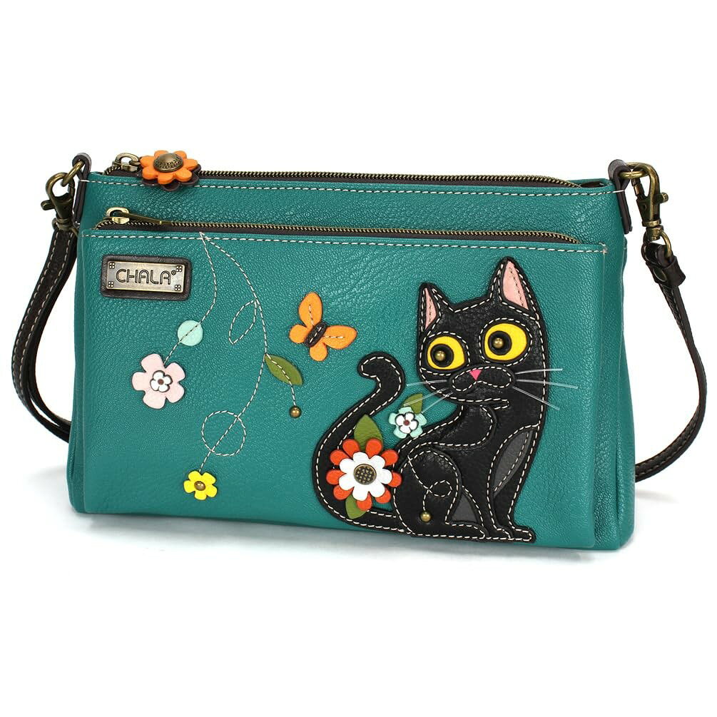 PRODUCT DETAILS CHALA ブラックキャット 猫 クロスボディバッグ ショルダーバッグ RFIDスキミング防止 ヴィガンレザー ターコイズ【商品仕様】・ アイテム種別：クロスボディバッグ / ショルダーバッグ・ シリーズ：ブラックキャット（猫）・ 素材：ヴィガンレザー（合成皮革）、アンティーク調ブロンズ金具・ サイズ：約25.4cm × 15.9cm × 8.9cm・ ストラップ長さ：約19cm 〜 81cm（調整可能）【特徴】・ フロントのジッパーポケット内にRFIDスキミング防止機能付きのクレジットカードスロットを装備。・ メインコンパートメントのほか、背面には小物の出し入れに便利なスライドポケットを配置。・ iPhone 15 Pro MaxやSamsung Galaxy S24 Ultraなどの大型スマートフォンに対応した収納サイズ。・ 細部までこだわったステッチと装飾が施された、ブラックキャットのキャラクターデザイン。・ 2種類のストラップが付属しており、クロスボディスタイルやショルダースタイルで使い分けが可能。 ■ 商品について 海外輸入品（説明書は英語表記の場合あり） ■ ご注意 ・掲載画像は実物に近い色味になるよう調整しておりますが、ご利用の環境により差異が生じる場合があります。・複数店舗で在庫を共有しているため、ご注文後に在庫切れとなる場合がございます。 ■ 納期について お届けの目安を必ずご確認ください。 海外正規ルート仕入れ品 海外ブランド ▼ 海外正規ブランド店 正規代理店 ▼ 当 店 ※本商品は並行輸入品です 製造元は正規品と同一のブランド・メーカーです。当店では海外正規ルートより仕入れた商品を取り扱っております。流通ルートが異なるのみで、商品自体に違いはございません。 ── 当店の商品について ── 正規品のみ取り扱い 海外正規店・正規代理店から商品を直接仕入れ、国内に輸入して販売しております。 日本未入荷・海外限定モデルも多数 日本未入荷・海外限定モデルも多数取り扱っております。サイズ・カラー違いや海外限定で販売された製品など、日本では手に入りにくいアイテムをお届けいたします。 お求めやすい価格の理由 海外市場での価格差や流通ルートの違いにより、国内販売価格よりお求めやすくなっております。品質はそのままに、よりお手頃な価格でお届けいたします。 安心保証 ご使用前に万が一、製品に不具合がございました場合は、交換または商品代金のご返金にて対応させていただきます。商品到着後5日以内にご連絡ください。 ご注意 海外からの輸入品となります。海外輸送のため、外箱に軽微なスレ等がある場合がございますが、商品本体には影響ございません。 ※在庫状況は仕入先の在庫情報をもとに出来る限り正確に表示しておりますが、取寄せ商品のため、タイミングによりご注文後に欠品・キャンセルとなる場合がございます。 お探しの商品がございましたら、お気軽にご相談ください。