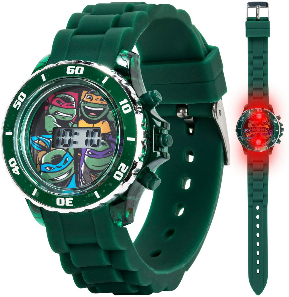 PRODUCT DETAILS Nickelodeon Teenage Mutant Ninja Turtles キッズ デジタル腕時計 グリーン ラバーベルト ライト点灯機能付き【商品仕様】・ブランド：Nickelodeon・アイテム：キッズ用デジタル腕時計・カラー：グリーン・素材：ラバー（ベルト）・対応手首周り：約14cm〜約20.3cm・付属品：専用缶ケース【特徴】・文字盤にミュータントタートルズのキャラクターがデザインされた、デジタル表示のキッズ用腕時計です。・ボタンを押すと画面が光るフラッシング機能を搭載しており、暗い場所でも時刻を確認できます。・ベルトは凹凸のあるラバー素材を採用しており、手首にフィットしやすく快適な着け心地です。・サイズ調整が可能なため、成長に合わせて長くご使用いただけます。・コレクションにも適した専用の缶ケース付きで、プレゼントにも最適なアイテムです。 ■ 商品について 海外輸入品（説明書は英語表記の場合あり） ■ ご注意 ・掲載画像は実物に近い色味になるよう調整しておりますが、ご利用の環境により差異が生じる場合があります。・複数店舗で在庫を共有しているため、ご注文後に在庫切れとなる場合がございます。 ■ 納期について お届けの目安を必ずご確認ください。 海外正規ルート仕入れ品 海外ブランド ▼ 海外正規ブランド店 正規代理店 ▼ 当 店 ※本商品は並行輸入品です 製造元は正規品と同一のブランド・メーカーです。当店では海外正規ルートより仕入れた商品を取り扱っております。流通ルートが異なるのみで、商品自体に違いはございません。 ── 当店の商品について ── 正規品のみ取り扱い 海外正規店・正規代理店から商品を直接仕入れ、国内に輸入して販売しております。 日本未入荷・海外限定モデルも多数 日本未入荷・海外限定モデルも多数取り扱っております。サイズ・カラー違いや海外限定で販売された製品など、日本では手に入りにくいアイテムをお届けいたします。 お求めやすい価格の理由 海外市場での価格差や流通ルートの違いにより、国内販売価格よりお求めやすくなっております。品質はそのままに、よりお手頃な価格でお届けいたします。 安心保証 ご使用前に万が一、製品に不具合がございました場合は、交換または商品代金のご返金にて対応させていただきます。商品到着後5日以内にご連絡ください。 ご注意 海外からの輸入品となります。海外輸送のため、外箱に軽微なスレ等がある場合がございますが、商品本体には影響ございません。 ※在庫状況は仕入先の在庫情報をもとに出来る限り正確に表示しておりますが、取寄せ商品のため、タイミングによりご注文後に欠品・キャンセルとなる場合がございます。 お探しの商品がございましたら、お気軽にご相談ください。