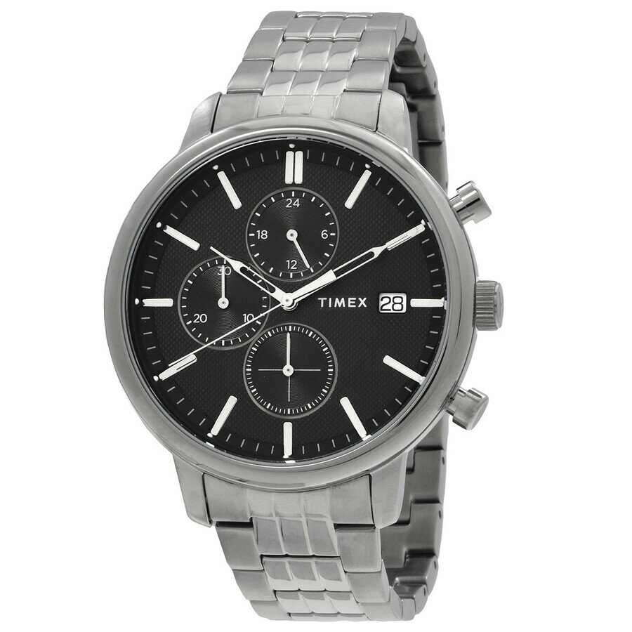 PRODUCT DETAILS Timex Chicago メンズ腕時計 クロノグラフ クォーツ ブラック文字盤 シルバーブレスレット【商品仕様】・ ムーブメント：クォーツ・ ケース素材：真鍮・ ケースサイズ：45mm・ ケース厚さ：11mm・ ブレス素材：真鍮・ バンド幅：20mm・ 文字盤色：ブラック・ 防水：50m（5気圧）・ 風防：ミネラルクリスタル・ 機能：クロノグラフ（24時間計・30分計・1/10秒計）、日付表示【特徴】・ 精悍な印象を与えるブラックの文字盤に、視認性の高いシルバーの針とインデックスを配置したデザインです。・ クロノグラフ機能を搭載した多機能モデルでありながら、落ち着いたルックスでビジネスからカジュアルまで幅広く対応します。・ 腕元に程よい存在感を与える45mm径のラウンドケースと、耐久性のあるシルバーカラーのブレスレットを採用しています。・ 3時位置に便利な日付表示を備えており、日常使いに実用的な機能を網羅しています。・ 傷に強いミネラルクリスタルガラスを使用しており、デイリーユースに適した作りとなっています。 ■ 商品について 海外輸入品（説明書は英語表記の場合あり） ■ ご注意 ・掲載画像は実物に近い色味になるよう調整しておりますが、ご利用の環境により差異が生じる場合があります。・複数店舗で在庫を共有しているため、ご注文後に在庫切れとなる場合がございます。 ■ 納期について お届けの目安を必ずご確認ください。 海外正規ルート仕入れ品 海外ブランド ▼ 海外正規ブランド店 正規代理店 ▼ 当 店 ※本商品は並行輸入品です 製造元は正規品と同一のブランド・メーカーです。当店では海外正規ルートより仕入れた商品を取り扱っております。流通ルートが異なるのみで、商品自体に違いはございません。 ── 当店の商品について ── 正規品のみ取り扱い 海外正規店・正規代理店から商品を直接仕入れ、国内に輸入して販売しております。 日本未入荷・海外限定モデルも多数 日本未入荷・海外限定モデルも多数取り扱っております。サイズ・カラー違いや海外限定で販売された製品など、日本では手に入りにくいアイテムをお届けいたします。 お求めやすい価格の理由 海外市場での価格差や流通ルートの違いにより、国内販売価格よりお求めやすくなっております。品質はそのままに、よりお手頃な価格でお届けいたします。 安心保証 ご使用前に万が一、製品に不具合がございました場合は、交換または商品代金のご返金にて対応させていただきます。商品到着後5日以内にご連絡ください。 ご注意 海外からの輸入品となります。海外輸送のため、外箱に軽微なスレ等がある場合がございますが、商品本体には影響ございません。 ※在庫状況は仕入先の在庫情報をもとに出来る限り正確に表示しておりますが、取寄せ商品のため、タイミングによりご注文後に欠品・キャンセルとなる場合がございます。 お探しの商品がございましたら、お気軽にご相談ください。