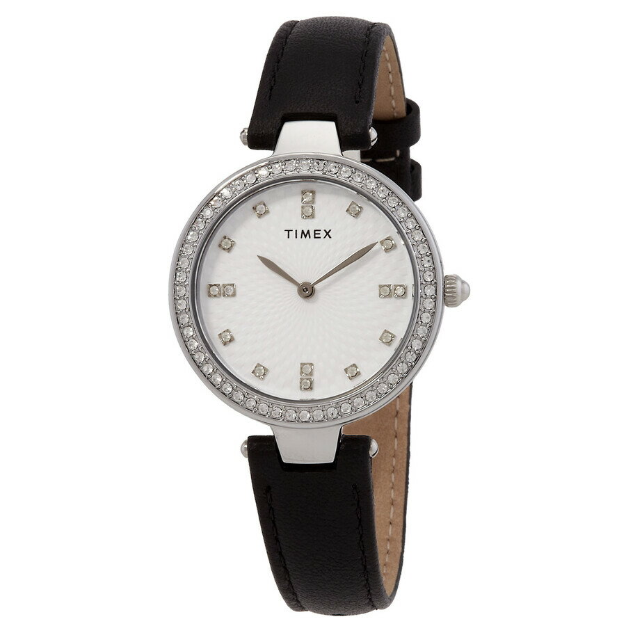 Timex 腕時計 レディース クォーツ シルバー文字盤 クリスタルベゼル ブラックレザーベルト 32mm