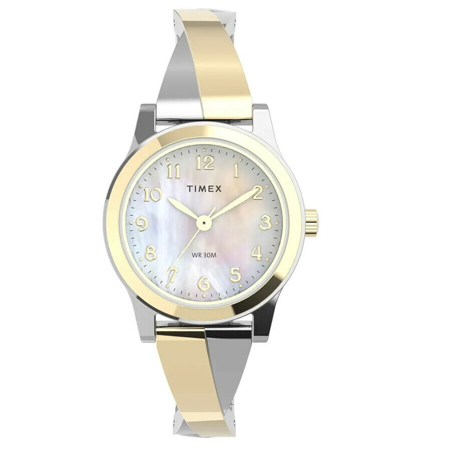 PRODUCT DETAILS Timex Main Street 腕時計 レディース クォーツ マザーオブパール調文字盤 コンビカラー ステンレス【商品仕様】・ ムーブメント：クォーツ・ ケース素材：ステンレススチール・ ケースサイズ：25mm・ ブレス素材：ステンレススチール（シルバー＆ゴールドトーン）・ 文字盤色：マザーオブパール調・ 防水：30m（3気圧防水）・ 風防：ミネラルクリスタル【特徴】・ シルバーとイエローゴールドのコンビネーションがエレガントな印象を与えるレディース腕時計です。・ 文字盤には上品な光沢を放つマザーオブパール調のデザインを採用し、視認性の高いアラビア数字インデックスを配置しています。・ ブレスとケースが一体感のある洗練されたフォルムで、アクセサリー感覚で着用できるファッションウォッチです。・ 3気圧防水機能を備えており、日常のちょっとした水濡れにも対応できる実用性を兼ね備えています。 ■ 商品について 海外輸入品（説明書は英語表記の場合あり） ■ ご注意 ・掲載画像は実物に近い色味になるよう調整しておりますが、ご利用の環境により差異が生じる場合があります。・複数店舗で在庫を共有しているため、ご注文後に在庫切れとなる場合がございます。 ■ 納期について お届けの目安を必ずご確認ください。 海外正規ルート仕入れ品 海外ブランド ▼ 海外正規ブランド店 正規代理店 ▼ 当 店 ※本商品は並行輸入品です 製造元は正規品と同一のブランド・メーカーです。当店では海外正規ルートより仕入れた商品を取り扱っております。流通ルートが異なるのみで、商品自体に違いはございません。 ── 当店の商品について ── 正規品のみ取り扱い 海外正規店・正規代理店から商品を直接仕入れ、国内に輸入して販売しております。 日本未入荷・海外限定モデルも多数 日本未入荷・海外限定モデルも多数取り扱っております。サイズ・カラー違いや海外限定で販売された製品など、日本では手に入りにくいアイテムをお届けいたします。 お求めやすい価格の理由 海外市場での価格差や流通ルートの違いにより、国内販売価格よりお求めやすくなっております。品質はそのままに、よりお手頃な価格でお届けいたします。 安心保証 ご使用前に万が一、製品に不具合がございました場合は、交換または商品代金のご返金にて対応させていただきます。商品到着後5日以内にご連絡ください。 ご注意 海外からの輸入品となります。海外輸送のため、外箱に軽微なスレ等がある場合がございますが、商品本体には影響ございません。 ※在庫状況は仕入先の在庫情報をもとに出来る限り正確に表示しておりますが、取寄せ商品のため、タイミングによりご注文後に欠品・キャンセルとなる場合がございます。 お探しの商品がございましたら、お気軽にご相談ください。