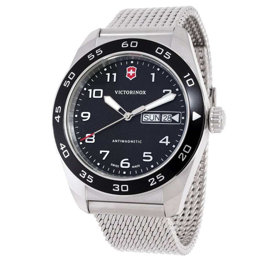 Victorinox メンズ 腕時計 クォーツ ブラック文字盤 ステンレスメッシュバンド デイデイト表示