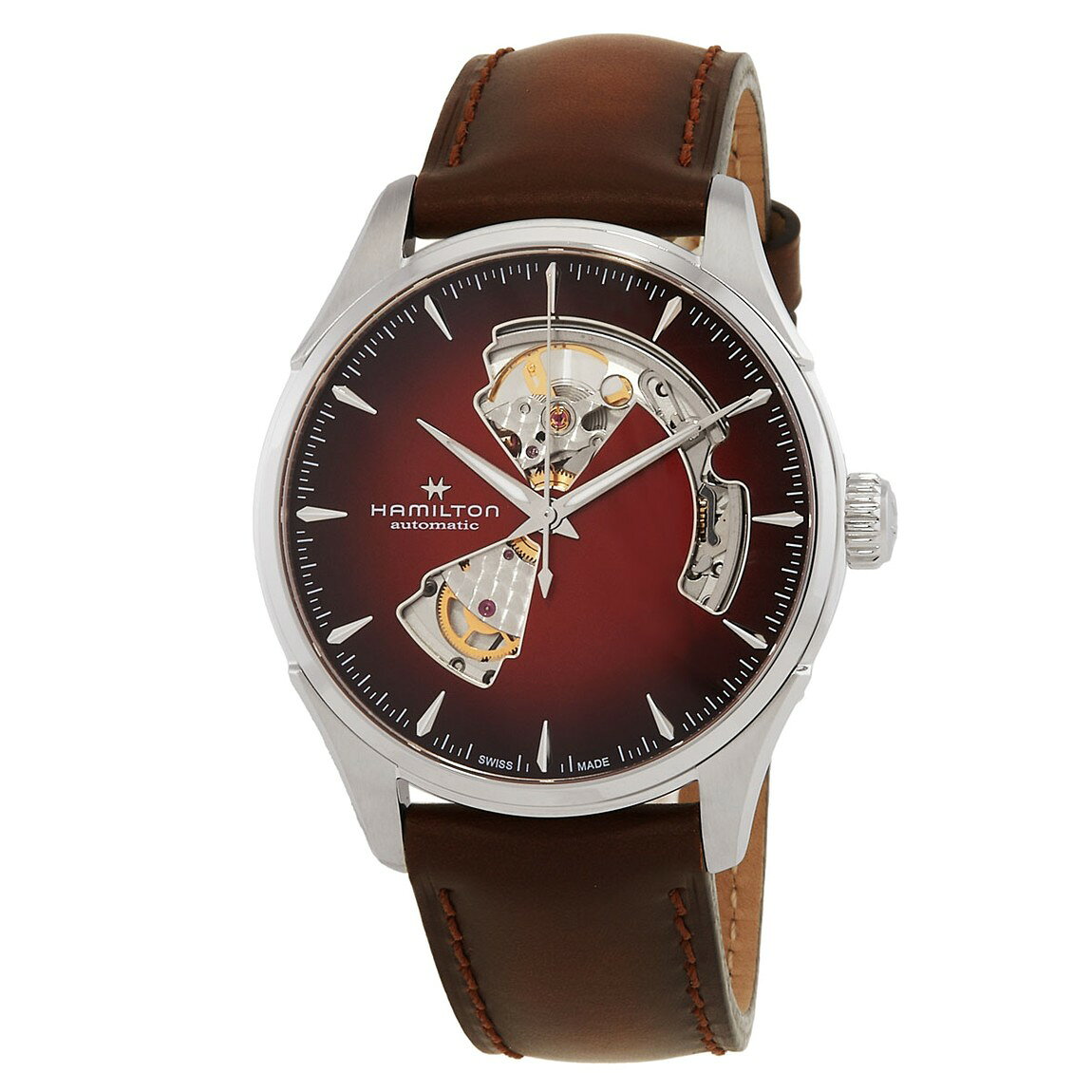 Hamilton Jazzmaster Open Heart Auto 腕時計 バーガンディ文字盤 ブラウンレザー 自動巻 メンズ H32675570