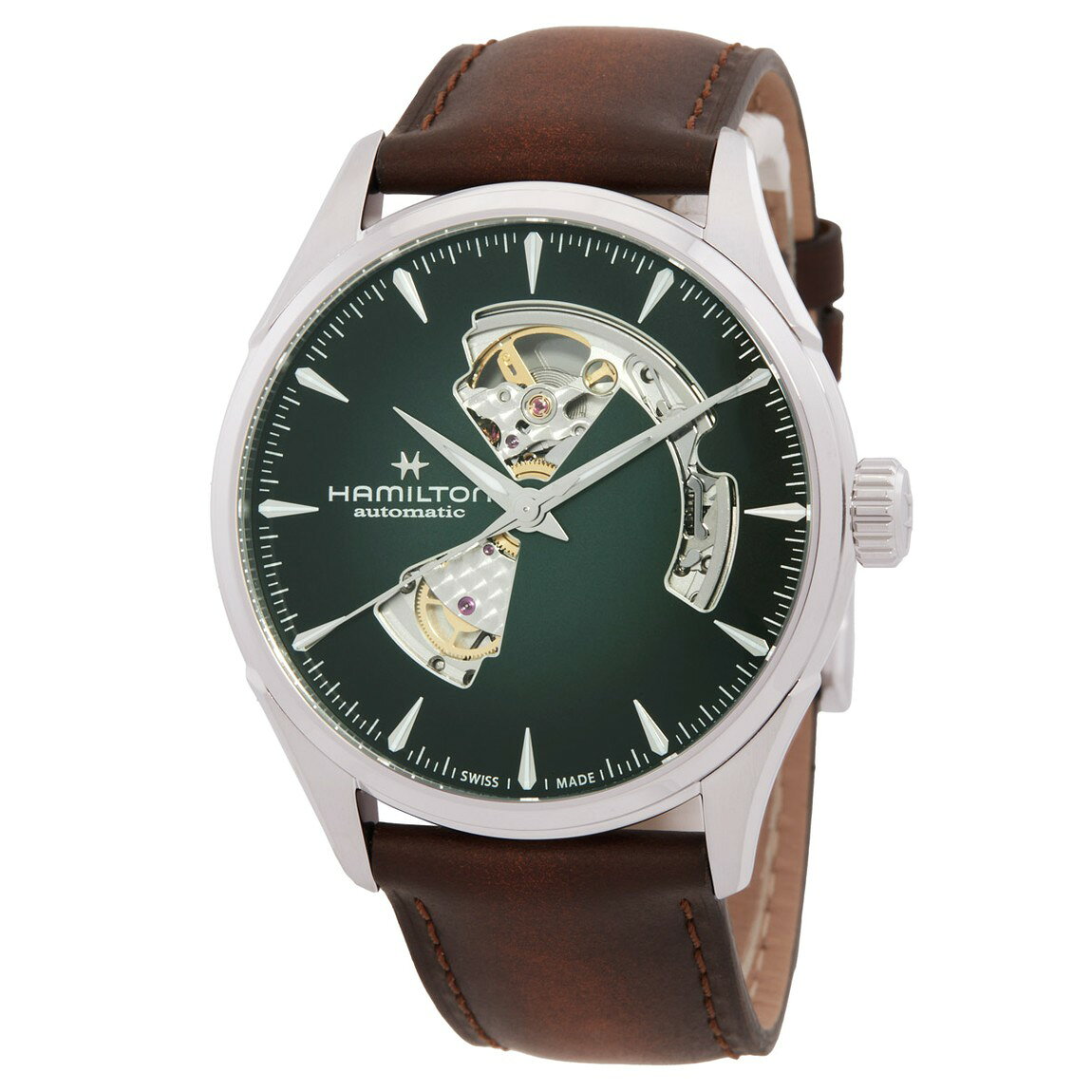 Hamilton JazzMaster Open Heart 腕時計 メンズ 自動巻き グリーン文字盤 ブラウンレザー H32705560