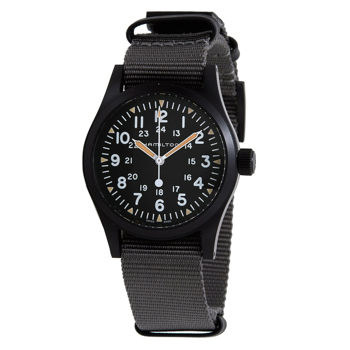 Hamilton Khaki Field 腕時計 メンズ ブラック文字盤 手巻き ブラックPVDケース グレーテキスタイルベルト H69409930