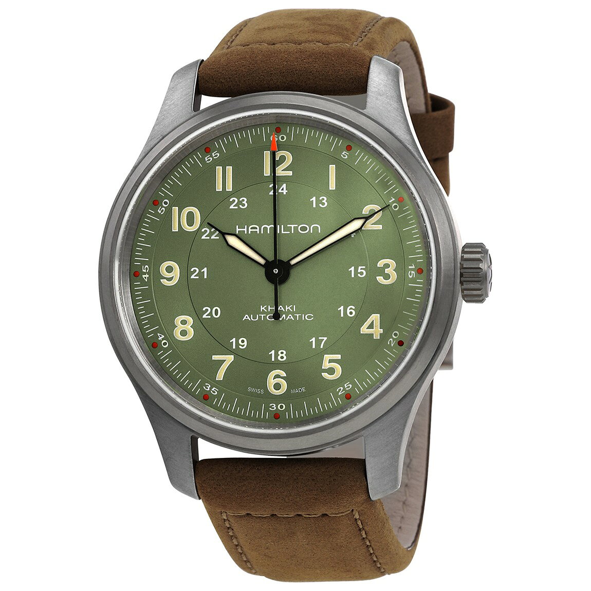 Hamilton Khaki Field Automatic 腕時計 グリーン文字盤 チタンケース レザーバンド メンズ H70545560