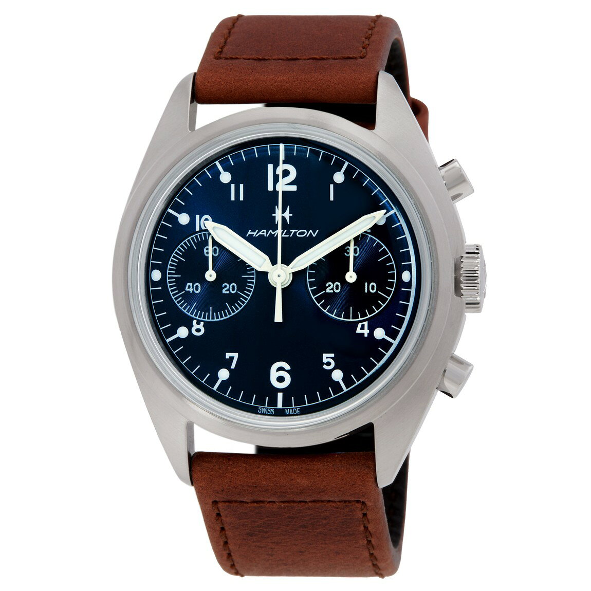 Hamilton Khaki Aviation Pilot Pioneer Chronograph 腕時計 ブルー文字盤 手巻き ブラウンレザー H76409540