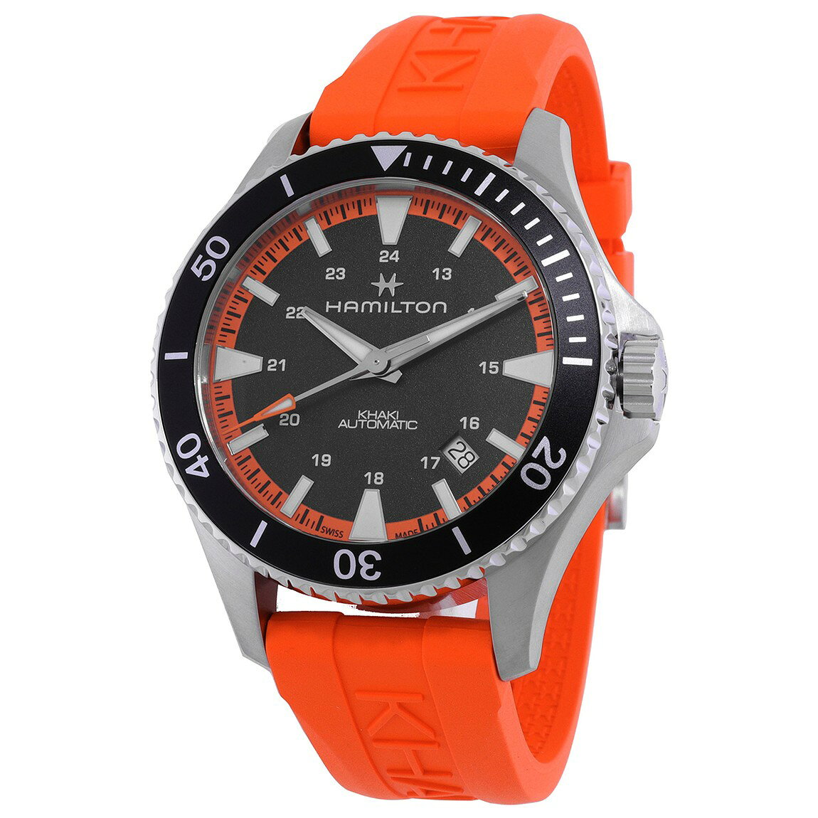 Hamilton Khaki Navy Scuba 腕時計 自動巻 ブラック文字盤 オレンジラバーベルト メンズ H82395331