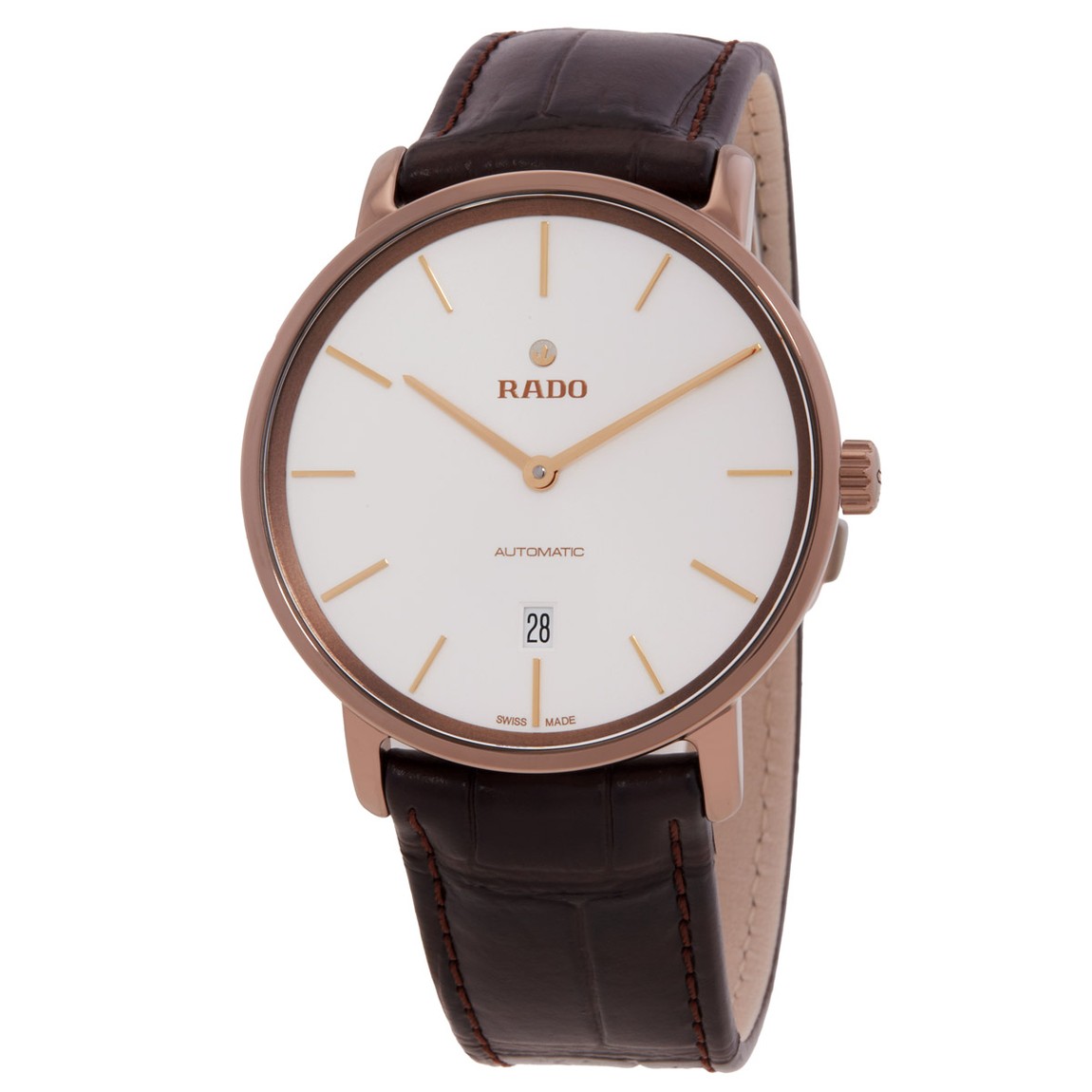 Rado Diamaster Thinline 腕時計 シルバー文字盤 自動巻き メンズ ローズゴールド セラミック アリゲーターレザー R14068026