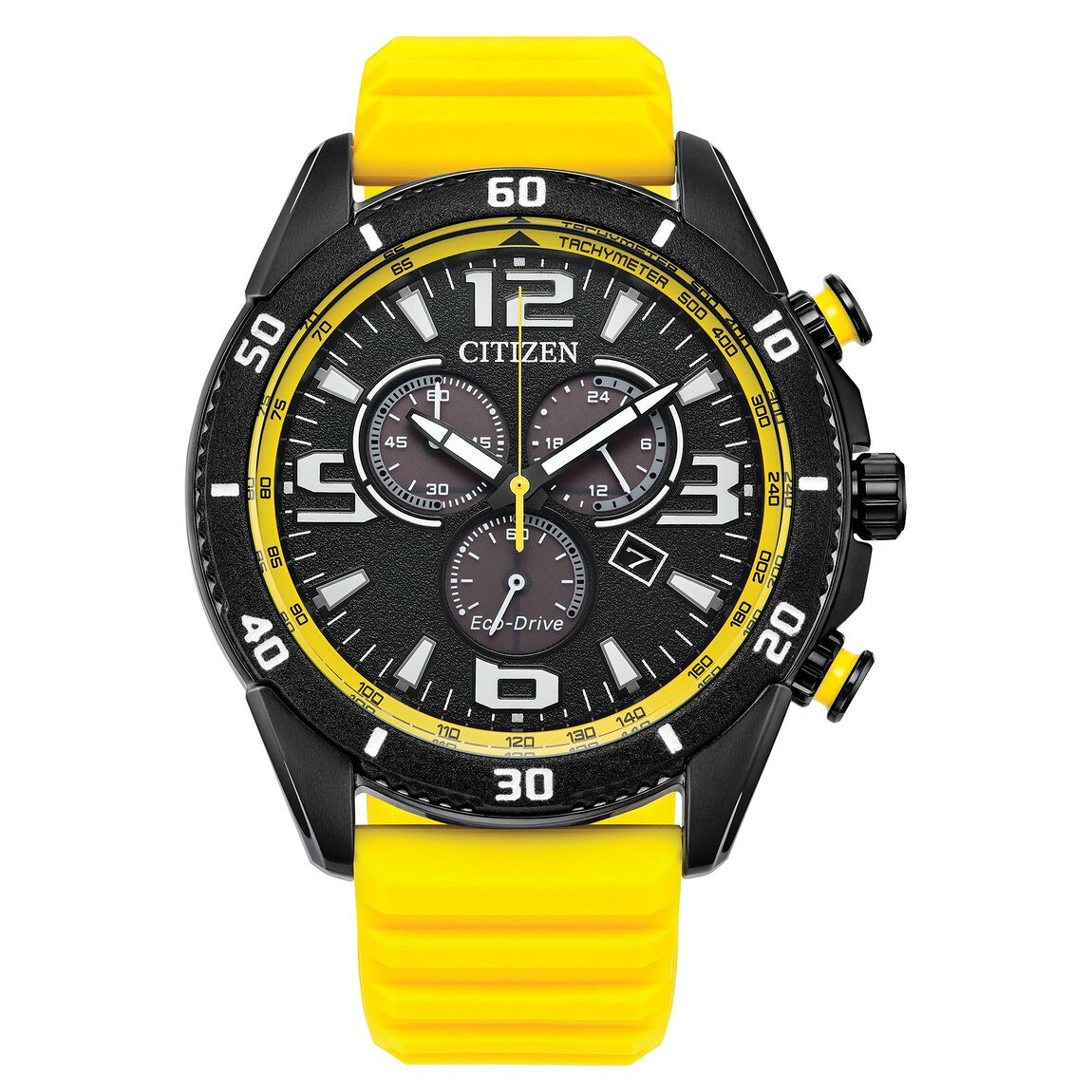 Citizen Brycen 腕時計 クロノグラフ ブラック文字盤 イエローシリコンベルト エコドライブ メンズ AT2585-08E