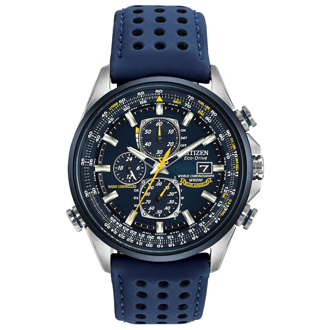 Citizen Blue Angels Eco-Drive ワールドクロノグラフ 電波時計 腕時計 メンズ ブルー文字盤 ステンレス ブルーレザーストラップ AT8020-03L