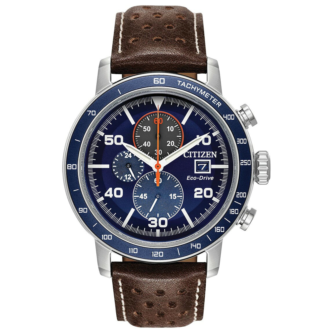Citizen Weekender Brycen 腕時計 クロノグラフ エコドライブ ブルー文字盤 ブラウンレザーストラップ メンズ CA0648-09L