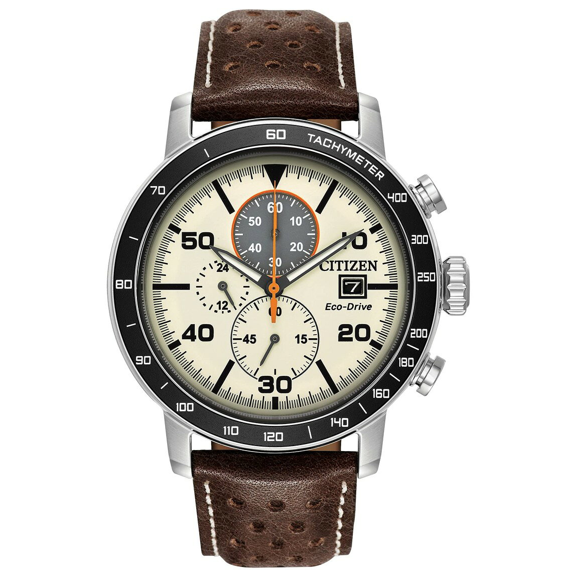 Citizen Eco-Drive Weekender Brycen Chronograph 腕時計 アイボリー文字盤 ブラウンレザー メンズ CA0649-06X