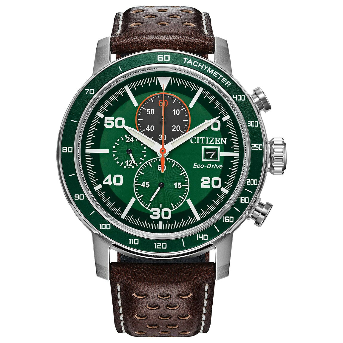 Citizen Weekender Brycen 腕時計 エコドライブ クロノグラフ グリーン文字盤 ブラウンレザーストラップ メンズ CA0851-05X