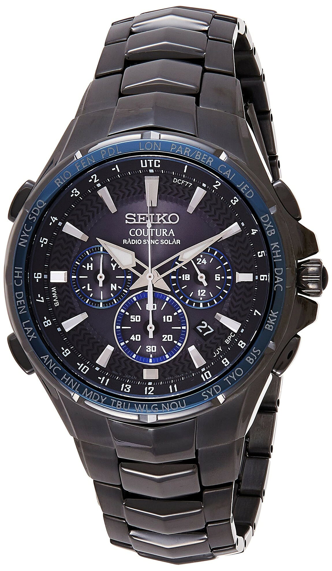 PRODUCT DETAILS SEIKO Coutura Radio Sync Solar Chronograph 腕時計 メンズ ブラック文字盤 ブラックイオン仕上げ ステンレス SSG021【商品仕様】・ ブランド：SEIKO・ ムーブメント：ソーラー電波（Radio Sync Solar）・ ケース素材：ステンレススチール（ブラックイオン仕上げ）・ ケース径：44.5mm・ バンド素材：ステンレススチール（ブラックイオン仕上げ）・ 文字盤色：ブラック（ブルーのアクセント）・ 風防：サファイアクリスタル・ 防水性：10気圧（100m）・ その他機能：クロノグラフ、日付表示、パワーリザーブ表示、ルミブライト（針・インデックス）【特徴】・ 電波受信機能により時刻とカレンダーを自動的に修正するソーラー駆動ムーブメントを採用しています。・ フル充電時には約6ヶ月間のパワーリザーブを維持し、定期的な電池交換は不要です。・ ブラックイオン仕上げのステンレスケースに、サファイアクリスタルとカボションリューズを組み合わせています。・ 文字盤にはクロノグラフ、電波受信表示、パワーリザーブインジケーター、日付カレンダーを配置しています。 ■ 商品について 海外輸入品（説明書は英語表記の場合あり） ■ ご注意 ・掲載画像は実物に近い色味になるよう調整しておりますが、ご利用の環境により差異が生じる場合があります。・複数店舗で在庫を共有しているため、ご注文後に在庫切れとなる場合がございます。 ■ 納期について お届けの目安を必ずご確認ください。 海外正規ルート仕入れ品 海外ブランド ▼ 海外正規ブランド店 正規代理店 ▼ 当 店 ※本商品は並行輸入品です 製造元は正規品と同一のブランド・メーカーです。当店では海外正規ルートより仕入れた商品を取り扱っております。流通ルートが異なるのみで、商品自体に違いはございません。 ── 当店の商品について ── 正規品のみ取り扱い 海外正規店・正規代理店から商品を直接仕入れ、国内に輸入して販売しております。 日本未入荷・海外限定モデルも多数 日本未入荷・海外限定モデルも多数取り扱っております。サイズ・カラー違いや海外限定で販売された製品など、日本では手に入りにくいアイテムをお届けいたします。 お求めやすい価格の理由 海外市場での価格差や流通ルートの違いにより、国内販売価格よりお求めやすくなっております。品質はそのままに、よりお手頃な価格でお届けいたします。 安心保証 ご使用前に万が一、製品に不具合がございました場合は、交換または商品代金のご返金にて対応させていただきます。商品到着後5日以内にご連絡ください。 ご注意 海外からの輸入品となります。海外輸送のため、外箱に軽微なスレ等がある場合がございますが、商品本体には影響ございません。 ※在庫状況は仕入先の在庫情報をもとに出来る限り正確に表示しておりますが、取寄せ商品のため、タイミングによりご注文後に欠品・キャンセルとなる場合がございます。 お探しの商品がございましたら、お気軽にご相談ください。