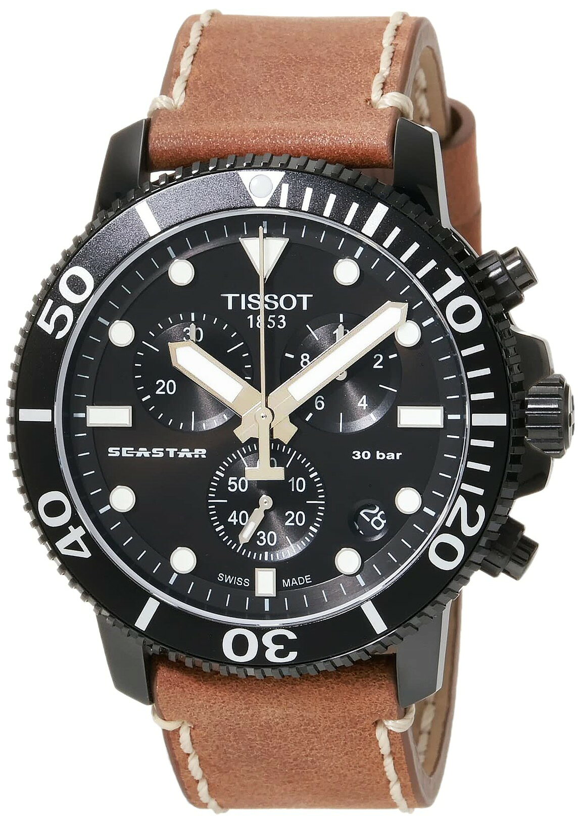 Tissot Seastar 1000 Chronograph 腕時計 メンズ ブラック文字盤 ベージュレザー クオーツ T1204173605100