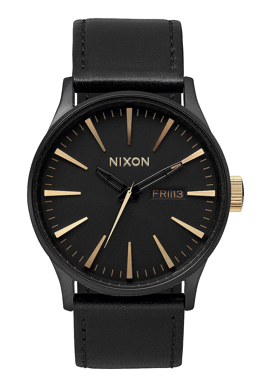 NIXON Sentry Leather 腕時計 メンズ 42mm マットブラック ゴールド文字盤 ブラックレザーベルト A1051041-00