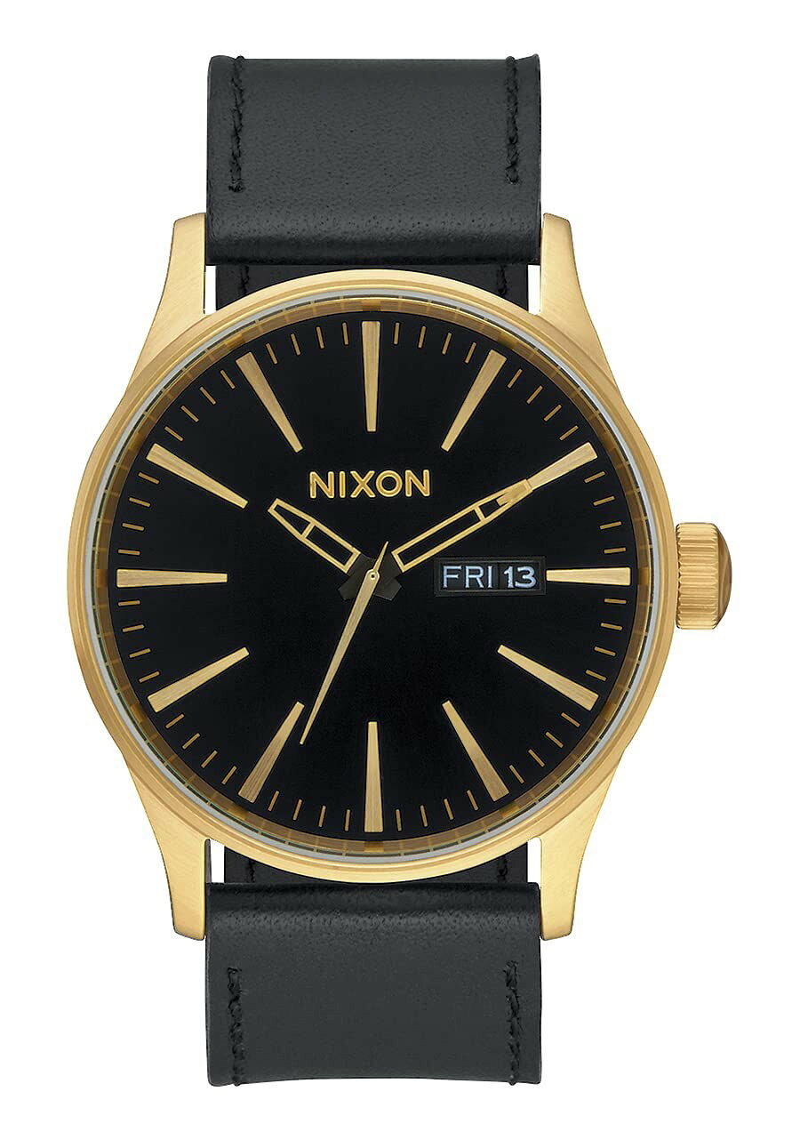 NIXON Sentry Leather 腕時計 メンズ ゴールド/ブラック文字盤 ブラックレザーベルト クオーツ A105513-00
