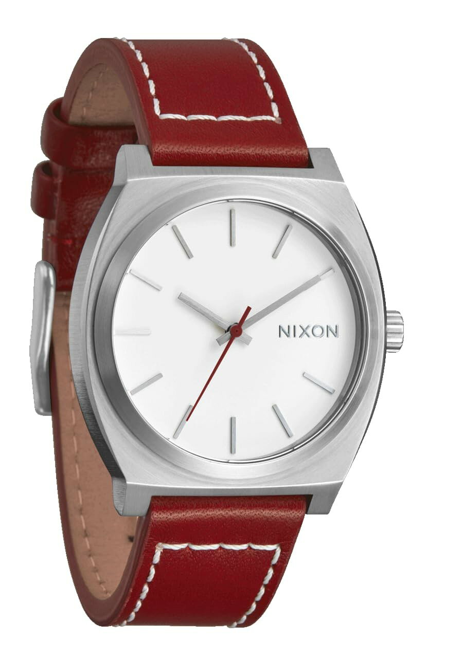 NIXON Time Teller 腕時計 シルバー/クランベリー文字盤 レザーバンド クオーツ 10気圧防水 メンズ A1373