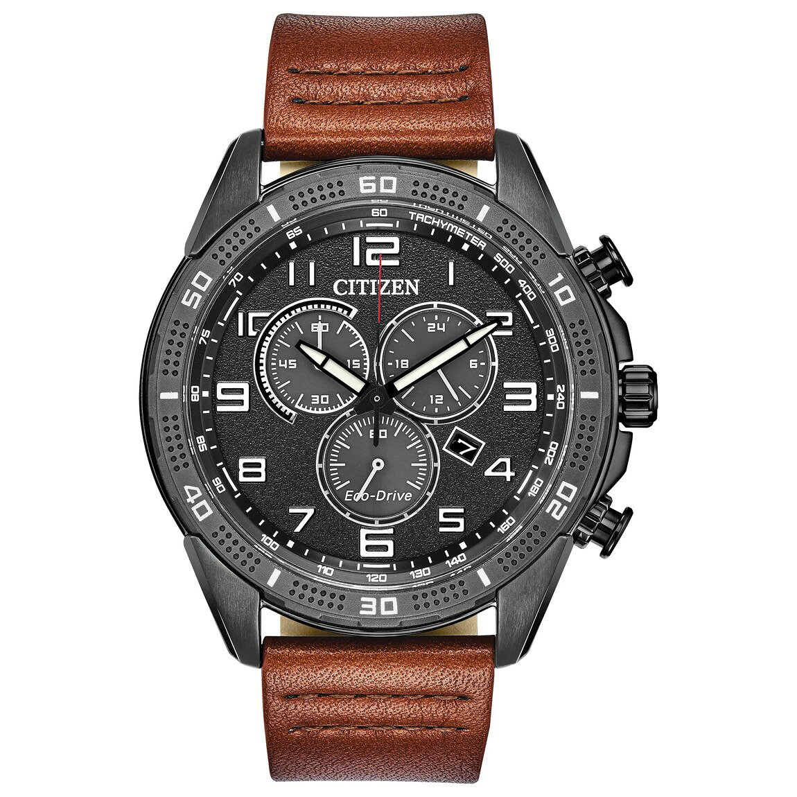Citizen Weekender エコ・ドライブ 腕時計 クロノグラフ ブラック文字盤 ブラウンレザーベルト メンズ AT2447-01E