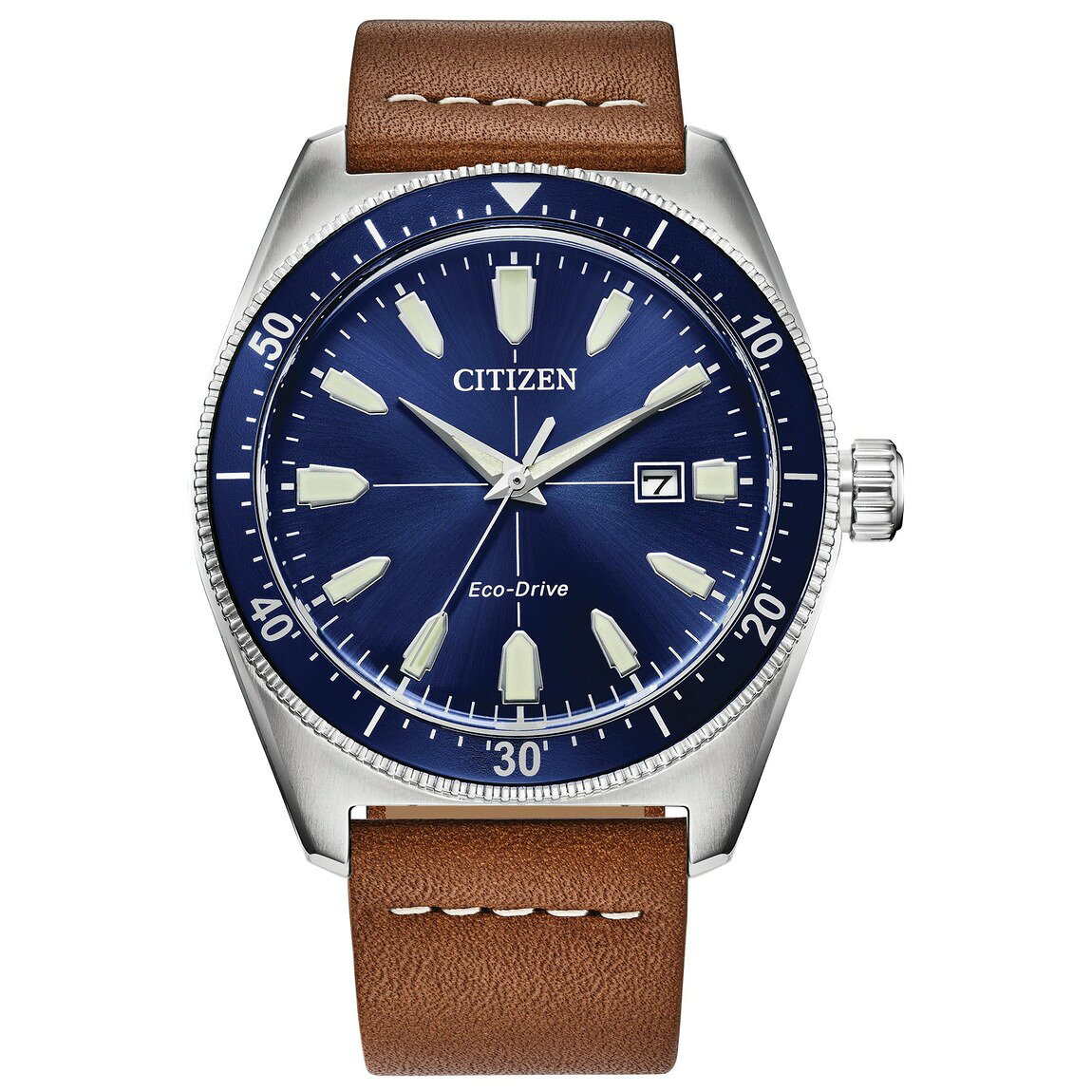 Citizen Brycen 腕時計 エコドライブ メンズ ブルー文字盤 ブラウンレザーストラップ 43mm カレンダー