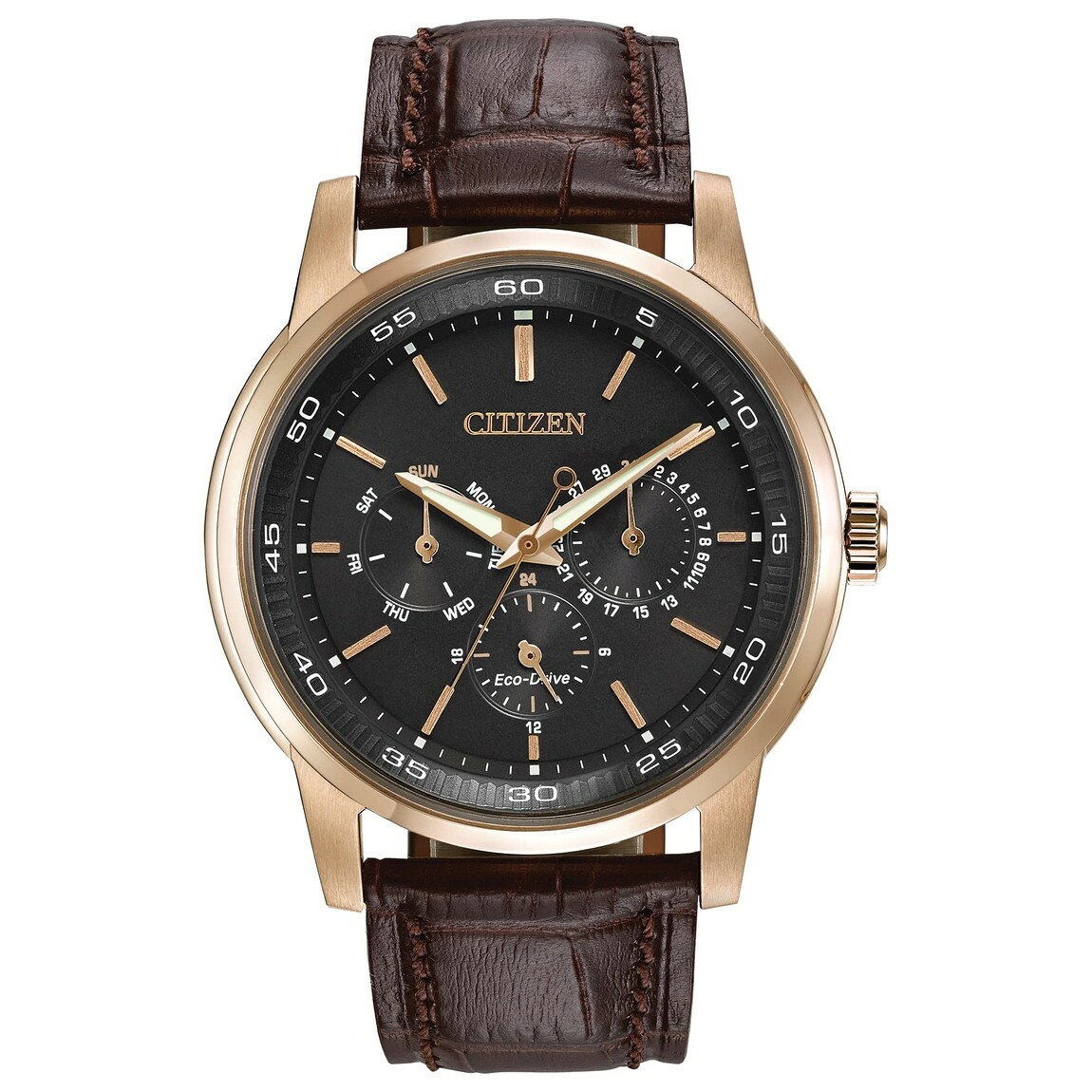 Citizen Eco-Drive Corso Classic 腕時計 メンズ ブラック文字盤 ゴールドトーン ブラウンレザーストラップ BU2013-08E