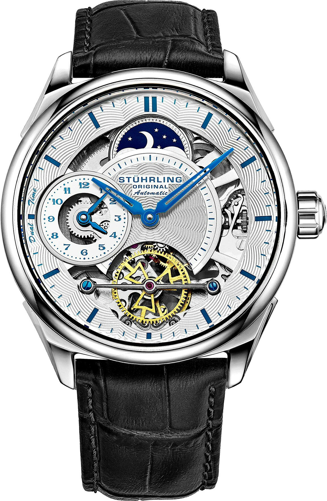 Stuhrling Automatic Dress Watch 腕時計 メンズ スケルトン デュアルタイム AM/PMインジケーター ステンレススチール レザーバンド