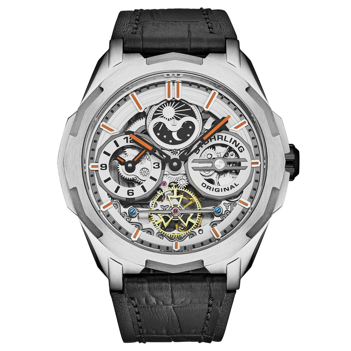PRODUCT DETAILS Stuhrling Original Navigator Dual Time Automatic 腕時計 46mm ステンレス スケルトン文字盤 サン＆ムーン 自動巻 メンズ【商品仕様】・ ブランド：Stuhrling Original・ ムーブメント：自動巻・ ケース素材：ステンレススチール・ ケース径：46mm・ バンド素材：レザー・ 文字盤色：スケルトン・ 防水：5気圧（50m）防水・ 付属品：メーカー純正外箱・説明書等【特徴】・ 独立して調整可能な時針により、第2時間帯を同時に表示できるデュアルタイム機能を搭載しています。・ 文字盤前面をスケルトン化し、さらに裏蓋にシースルーバックを採用することで、自動巻ムーブメントの複雑な機構を視認できます。・ 文字盤上にサン＆ムーン（AM/PMインジケーター）を備え、昼夜の移り変わりを視覚的に表現しています。・ 46mmのステンレススチールケースとレザーバンドを組み合わせ、ビジネスからカジュアルまで対応するデザインです。・ 5気圧防水性能により、手洗いや雨天時の水しぶきなど日常生活での接触に耐性があります。 ■ 商品について 海外輸入品（説明書は英語表記の場合あり） ■ ご注意 ・掲載画像は実物に近い色味になるよう調整しておりますが、ご利用の環境により差異が生じる場合があります。・複数店舗で在庫を共有しているため、ご注文後に在庫切れとなる場合がございます。 ■ 納期について お届けの目安を必ずご確認ください。 海外正規ルート仕入れ品 海外ブランド ▼ 海外正規ブランド店 正規代理店 ▼ 当 店 ※本商品は並行輸入品です 製造元は正規品と同一のブランド・メーカーです。当店では海外正規ルートより仕入れた商品を取り扱っております。流通ルートが異なるのみで、商品自体に違いはございません。 ── 当店の商品について ── 正規品のみ取り扱い 海外正規店・正規代理店から商品を直接仕入れ、国内に輸入して販売しております。 日本未入荷・海外限定モデルも多数 日本未入荷・海外限定モデルも多数取り扱っております。サイズ・カラー違いや海外限定で販売された製品など、日本では手に入りにくいアイテムをお届けいたします。 お求めやすい価格の理由 海外市場での価格差や流通ルートの違いにより、国内販売価格よりお求めやすくなっております。品質はそのままに、よりお手頃な価格でお届けいたします。 安心保証 ご使用前に万が一、製品に不具合がございました場合は、交換または商品代金のご返金にて対応させていただきます。商品到着後5日以内にご連絡ください。 ご注意 海外からの輸入品となります。海外輸送のため、外箱に軽微なスレ等がある場合がございますが、商品本体には影響ございません。 ※在庫状況は仕入先の在庫情報をもとに出来る限り正確に表示しておりますが、取寄せ商品のため、タイミングによりご注文後に欠品・キャンセルとなる場合がございます。 お探しの商品がございましたら、お気軽にご相談ください。