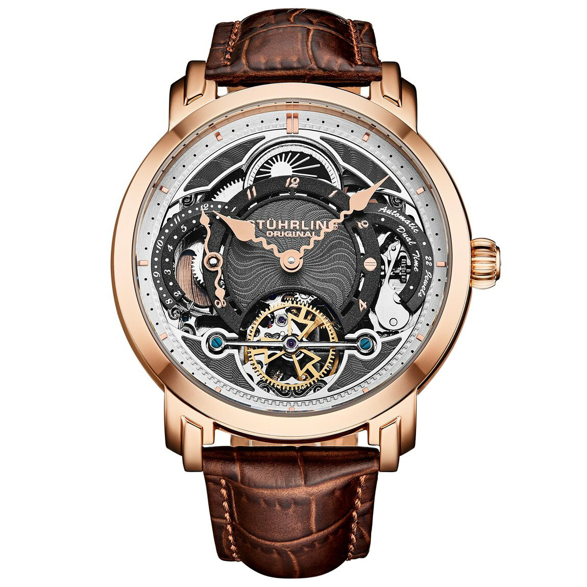 Stuhrling Original Celestial Timekeeper 腕時計 メンズ スケルトン文字盤 オートマチック ローズゴールド 44mm レザーバンド