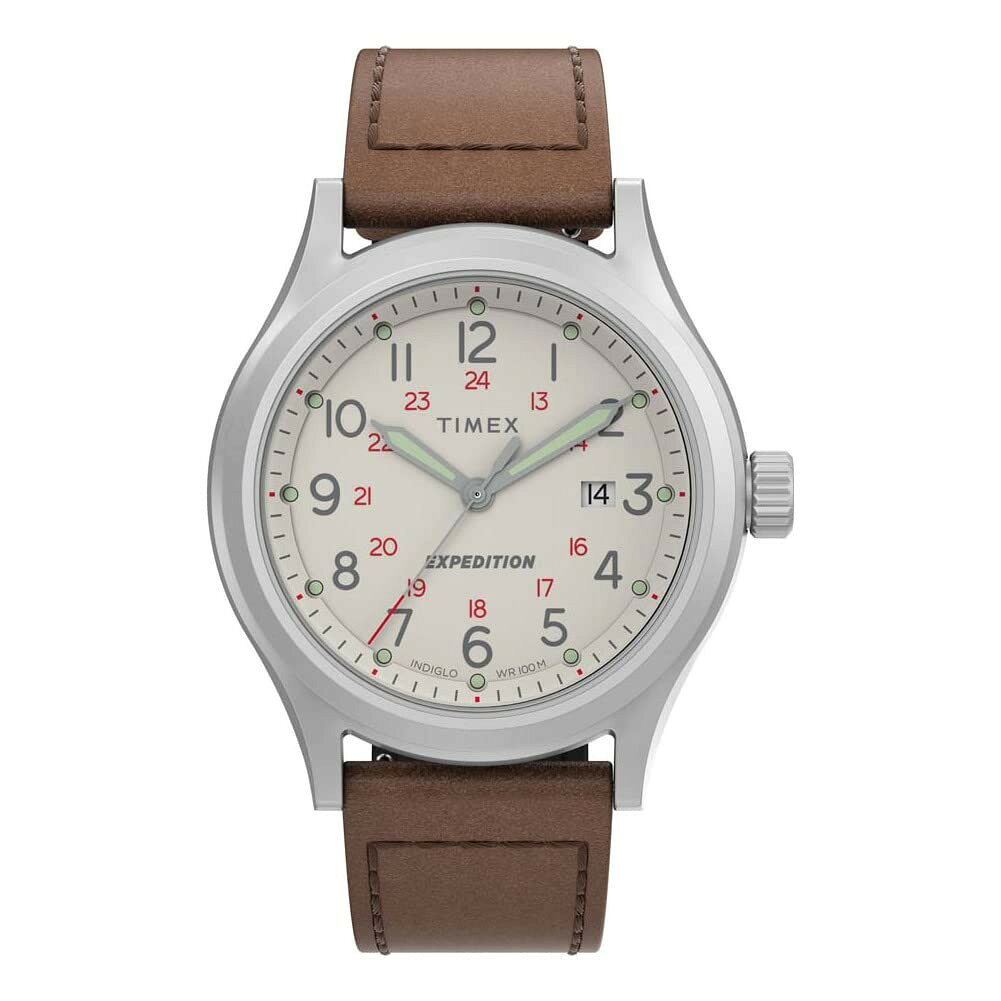 Timex Expedition Sierra 腕時計 41mm ナチュラル文字盤 ステンレススチール ブラウンレザー メンズ