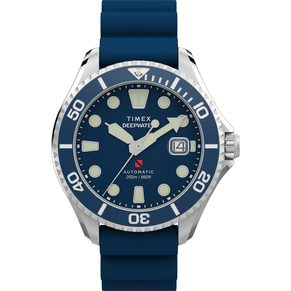 Timex Deepwater Meridian 200 Automatic 腕時計 メンズ ブルー文字盤 自動巻き ステンレス 44mm ラバーベルト