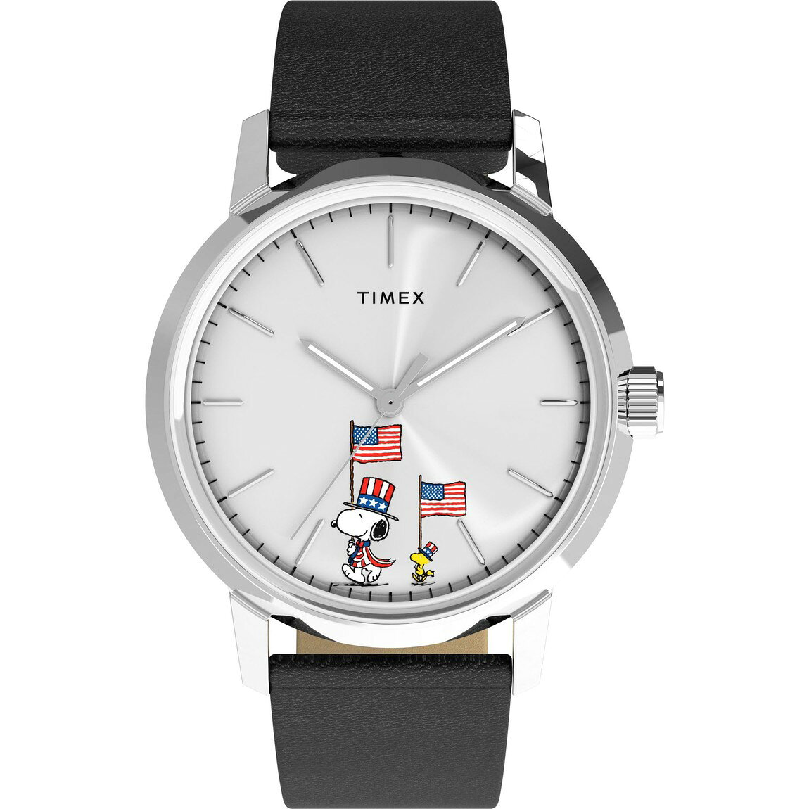 Timex Peanuts Marlin Automatic Americana 腕時計 40mm シルバー文字盤 ブラックレザーストラップ 自動巻き メンズ