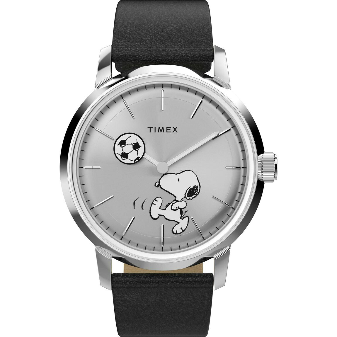 Timex Peanuts Marlin Automatic Soccer 40mm 腕時計 シルバー文字盤 ブラックレザーストラップ メンズ