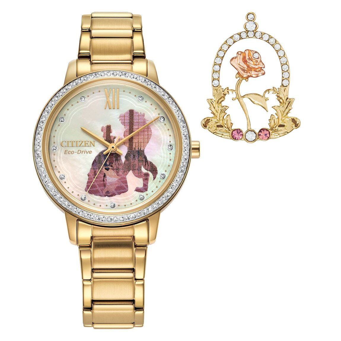Citizen Disney Princess Belle 腕時計 エコ・ドライブ レディース ゴールド マザーオブパール ピンバッジセット FE7048-51D