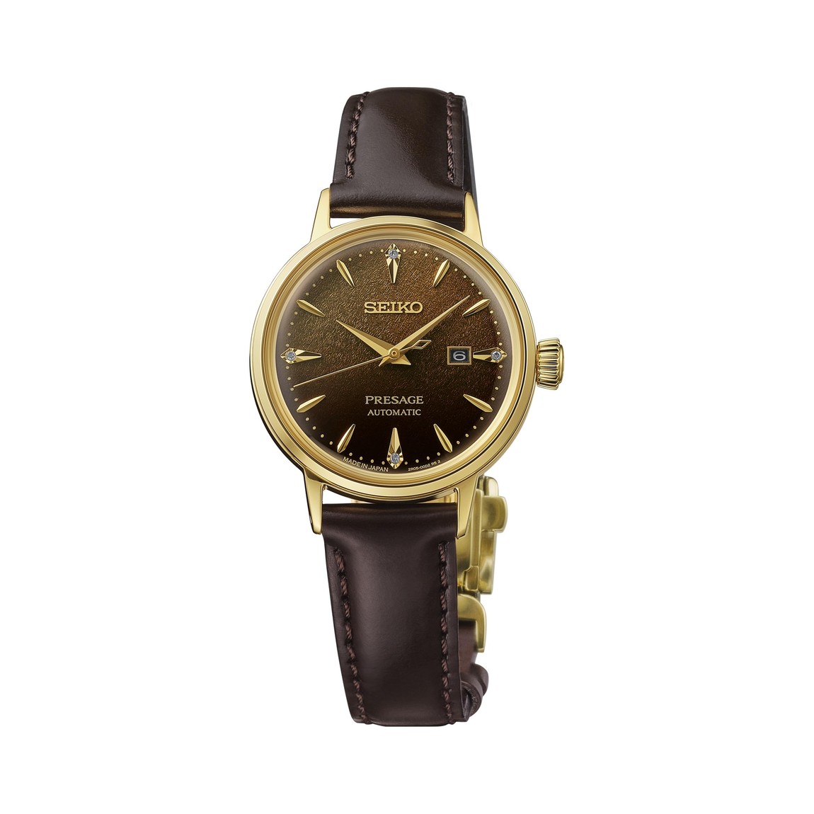 SEIKO Presage Cocktail Time 腕時計 レディース ブラウン文字盤 ダイヤモンド ゴールド ステンレス レザー 自動巻 SRE020