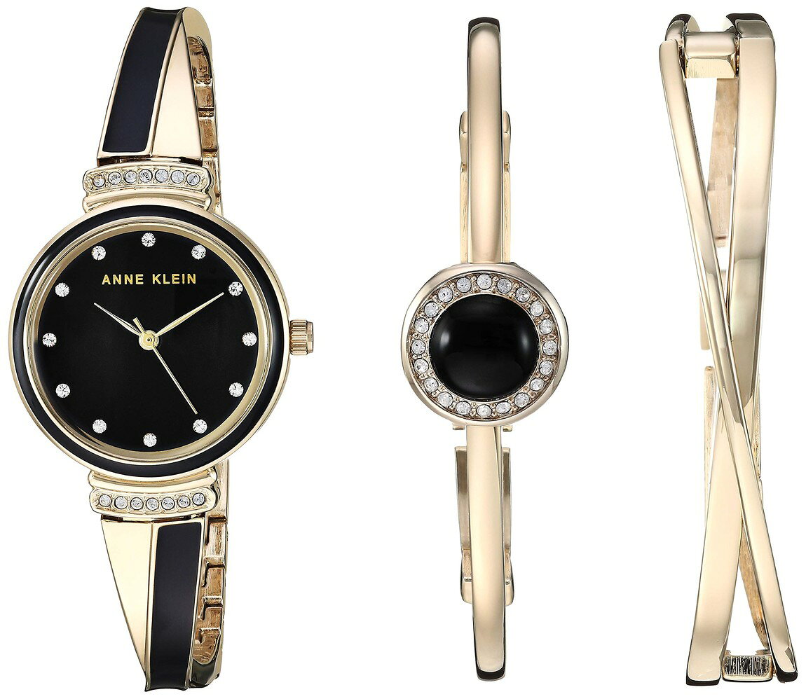 Anne Klein Premium Crystal Accented Watch and Bangle Set 腕時計 レディース ブラック文字盤 クオーツ バングル3点セット