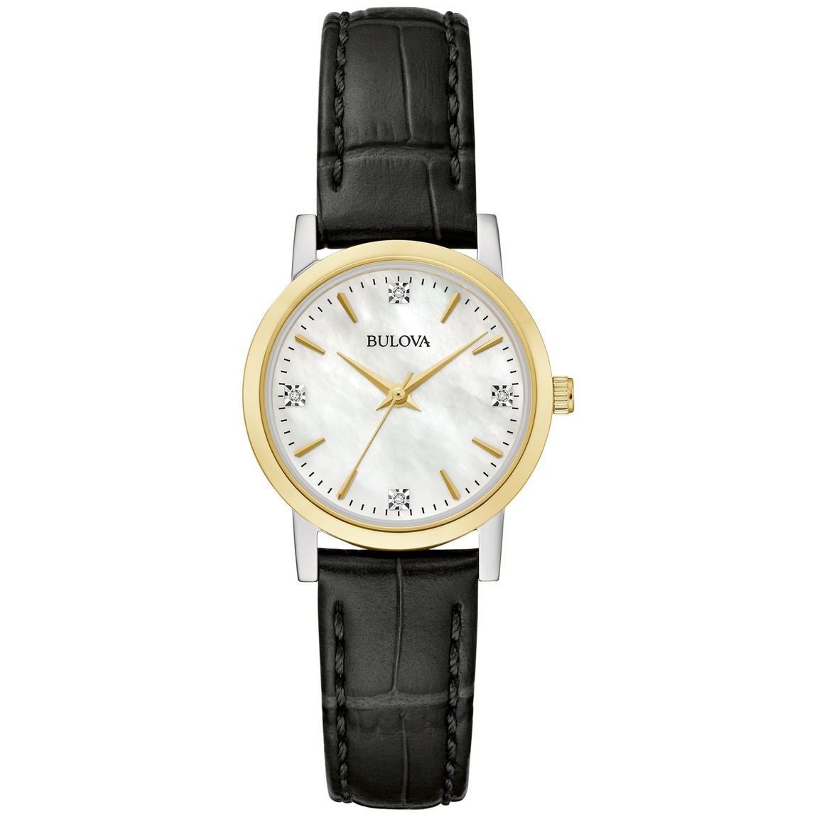 PRODUCT DETAILS Bulova Ladies' Classic 腕時計 27mm クオーツ ツートーンケース 4Pダイヤモンド ブラックレザーストラップ 98P225【商品仕様】・ ブランド：Bulova・ ムーブメント：クオーツ（3針、スリムムーブメント）・ ケース素材：ツートーンステンレススチール・ ケース径：27mm・ バンド素材：ブラックレザーストラップ（クロコ型押し）・ 風防：ミネラルクリスタル・ 装飾：ダイヤモンド4石・ 防水：30M防水・ 付属：専用BOX、取扱説明書等【特徴】・ ヴィンテージデザインから着想を得たBulova Ladies' Classicコレクションのモデルです。・ シルバーとゴールドのツートーンケースに、4石のダイヤモンドを配置した文字盤を組み合わせています。・ 厚みを抑えたスリムなムーブメントを採用しており、手首にフィットしやすい設計です。・ ストラップにはクラシックな印象を与えるクロコ型押しのブラックレザーを使用しています。 ■ 商品について 海外輸入品（説明書は英語表記の場合あり） ■ ご注意 ・掲載画像は実物に近い色味になるよう調整しておりますが、ご利用の環境により差異が生じる場合があります。・複数店舗で在庫を共有しているため、ご注文後に在庫切れとなる場合がございます。 ■ 納期について お届けの目安を必ずご確認ください。 海外正規ルート仕入れ品 海外ブランド ▼ 海外正規ブランド店 正規代理店 ▼ 当 店 ※本商品は並行輸入品です 製造元は正規品と同一のブランド・メーカーです。当店では海外正規ルートより仕入れた商品を取り扱っております。流通ルートが異なるのみで、商品自体に違いはございません。 ── 当店の商品について ── 正規品のみ取り扱い 海外正規店・正規代理店から商品を直接仕入れ、国内に輸入して販売しております。 日本未入荷・海外限定モデルも多数 日本未入荷・海外限定モデルも多数取り扱っております。サイズ・カラー違いや海外限定で販売された製品など、日本では手に入りにくいアイテムをお届けいたします。 お求めやすい価格の理由 海外市場での価格差や流通ルートの違いにより、国内販売価格よりお求めやすくなっております。品質はそのままに、よりお手頃な価格でお届けいたします。 安心保証 ご使用前に万が一、製品に不具合がございました場合は、交換または商品代金のご返金にて対応させていただきます。商品到着後5日以内にご連絡ください。 ご注意 海外からの輸入品となります。海外輸送のため、外箱に軽微なスレ等がある場合がございますが、商品本体には影響ございません。 ※在庫状況は仕入先の在庫情報をもとに出来る限り正確に表示しておりますが、取寄せ商品のため、タイミングによりご注文後に欠品・キャンセルとなる場合がございます。 お探しの商品がございましたら、お気軽にご相談ください。